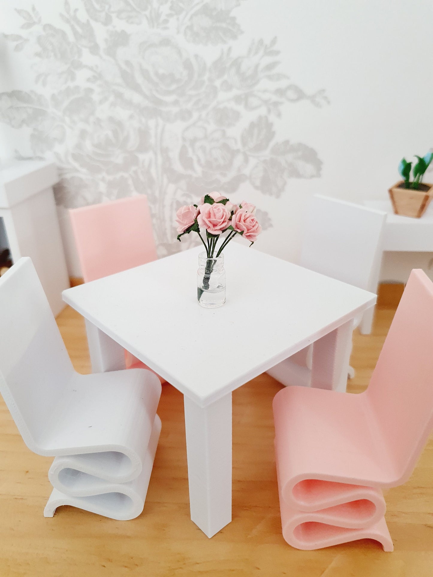 Dolls House Modern Small White Dining Table with Chunky Legs & 4 Funky Chairs 1:12th Scale, Miniature Table