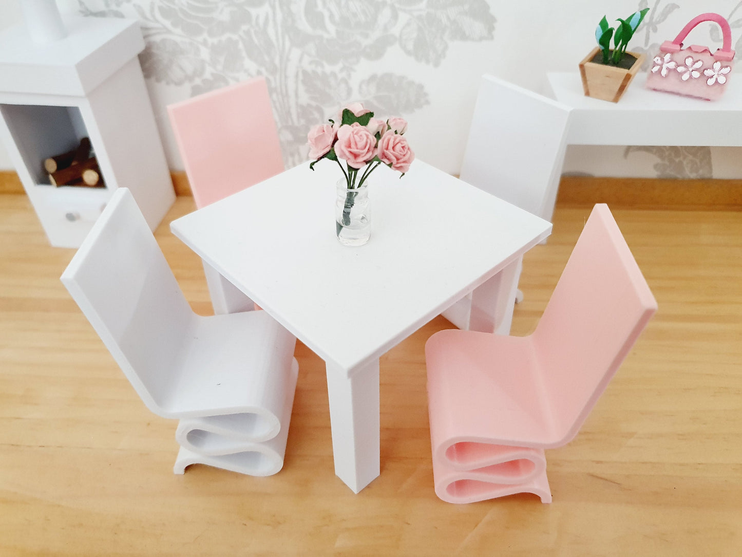 Dolls House Modern Small White Dining Table with Chunky Legs & 4 Funky Chairs 1:12th Scale, Miniature Table