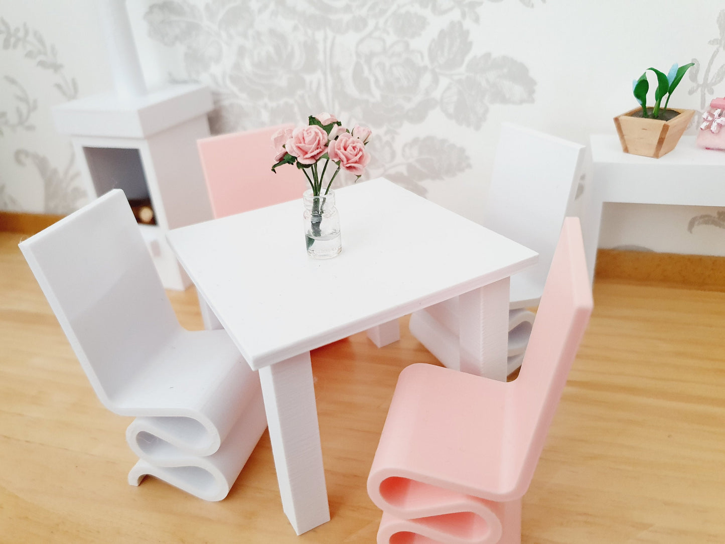 Dolls House Modern Small White Dining Table with Chunky Legs & 4 Funky Chairs 1:12th Scale, Miniature Table