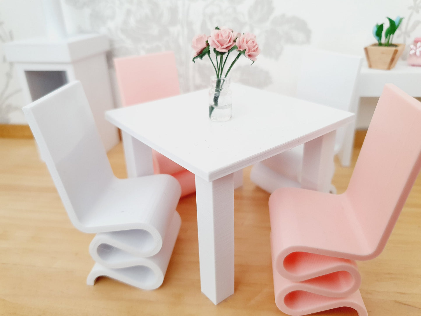 Dolls House Modern Small White Dining Table with Chunky Legs & 4 Funky Chairs 1:12th Scale, Miniature Table