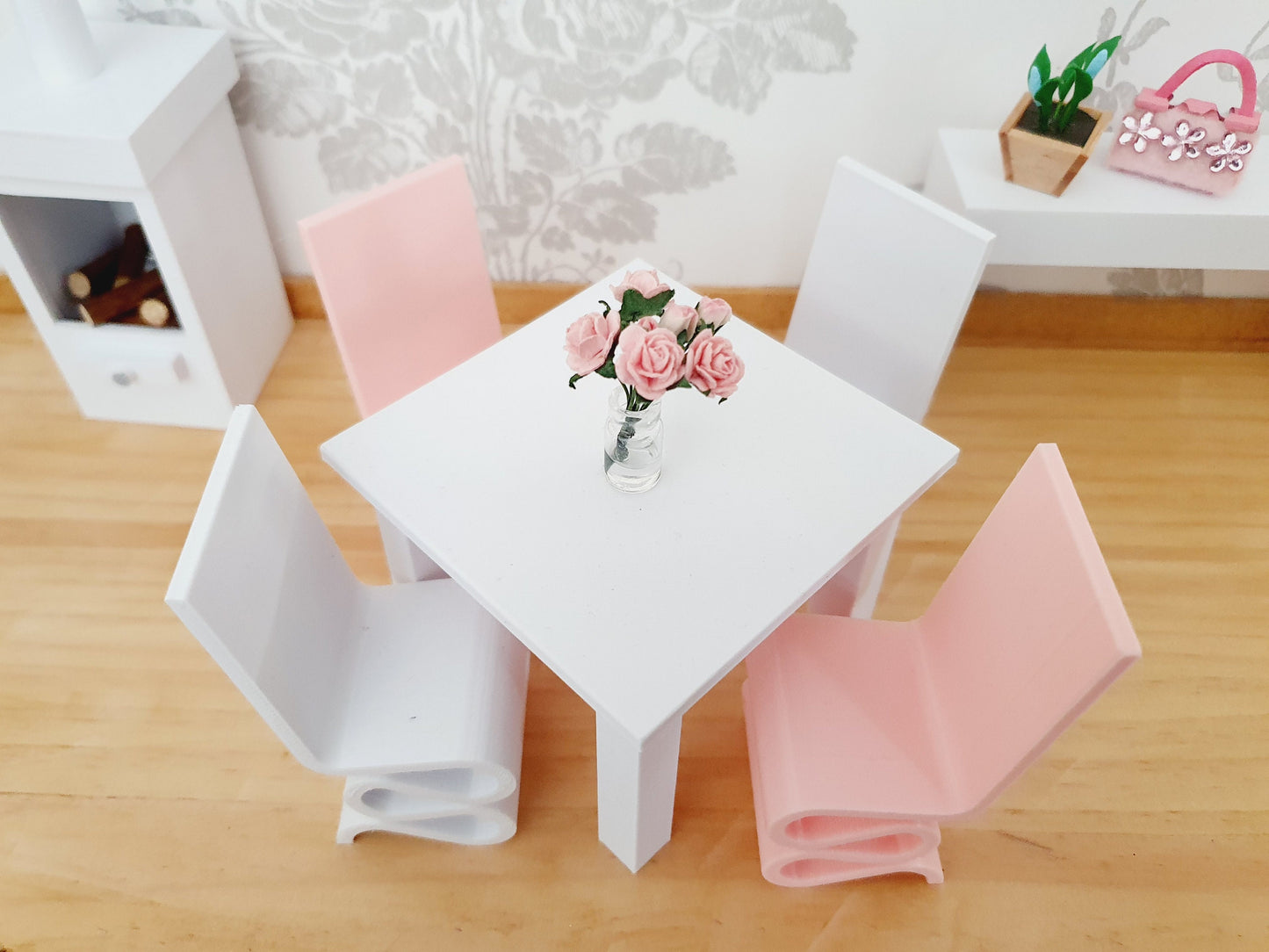 Dolls House Modern Small White Dining Table with Chunky Legs & 4 Funky Chairs 1:12th Scale, Miniature Table