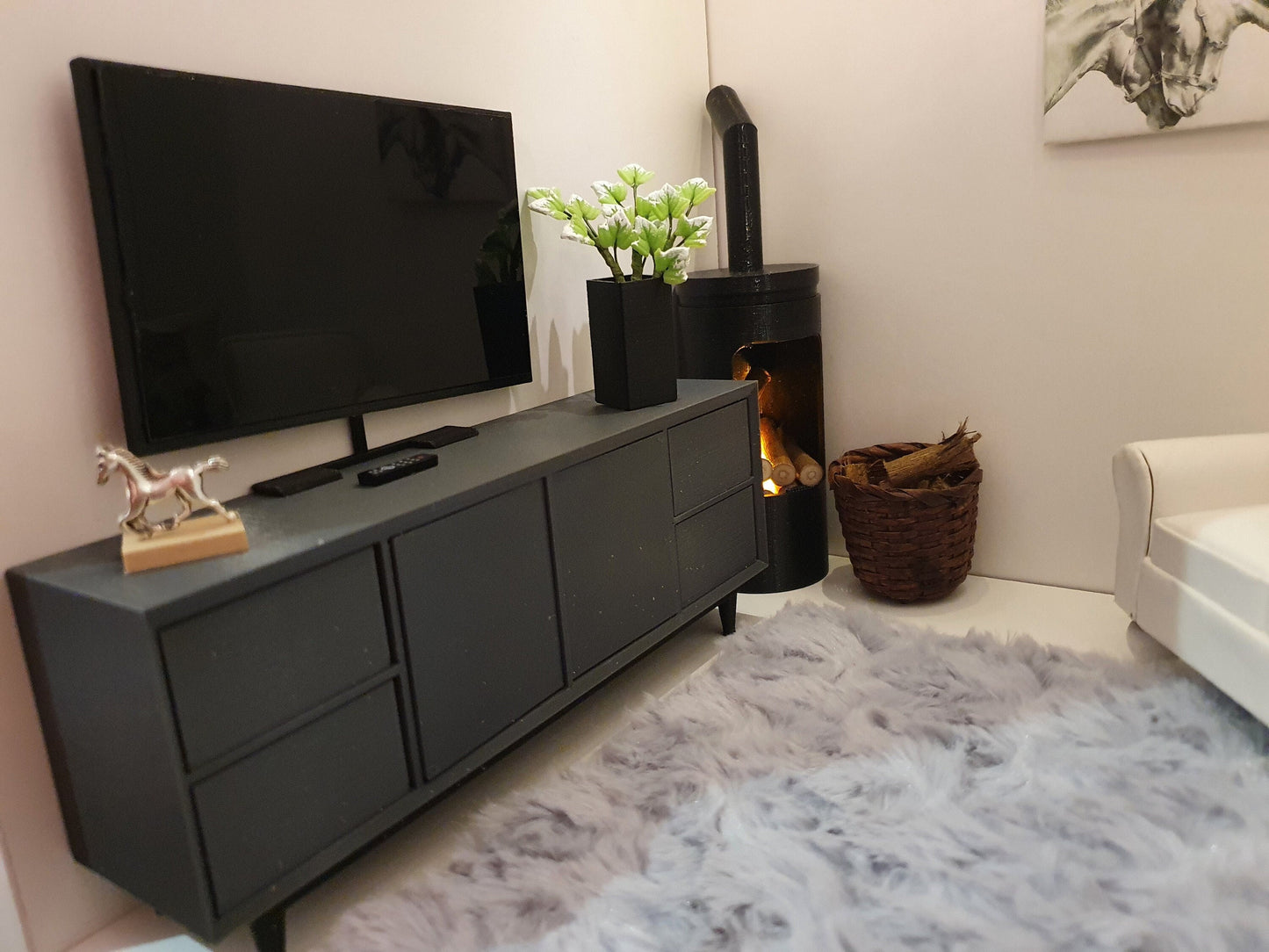 Modern Flatscreen Television on a Modern Stand with remote control, dolls house, Miniature TV (TVST)