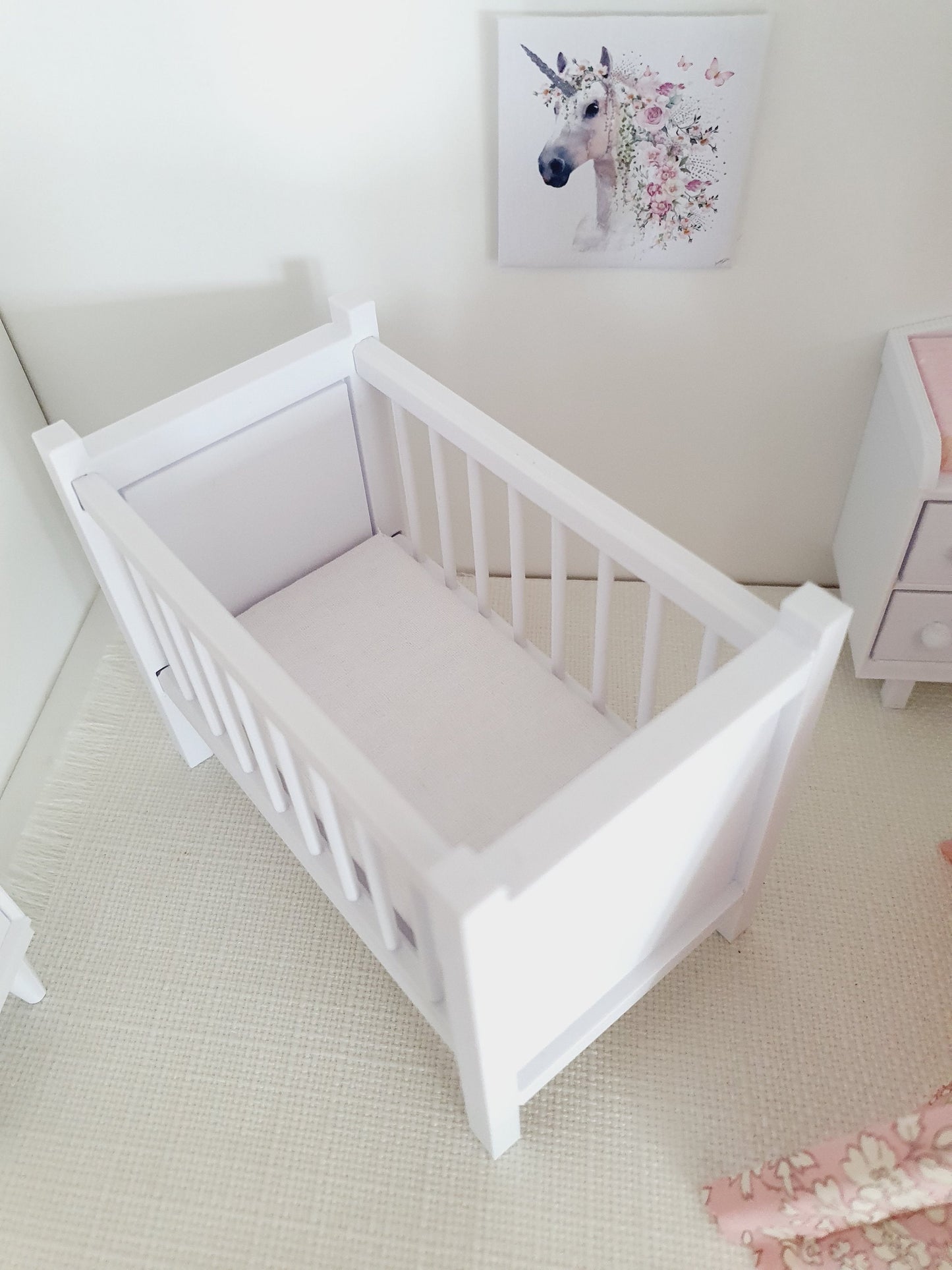 Modern Dolls House Cot with Polka Dot Mattress - Choice of Colours - 1:12 Scale