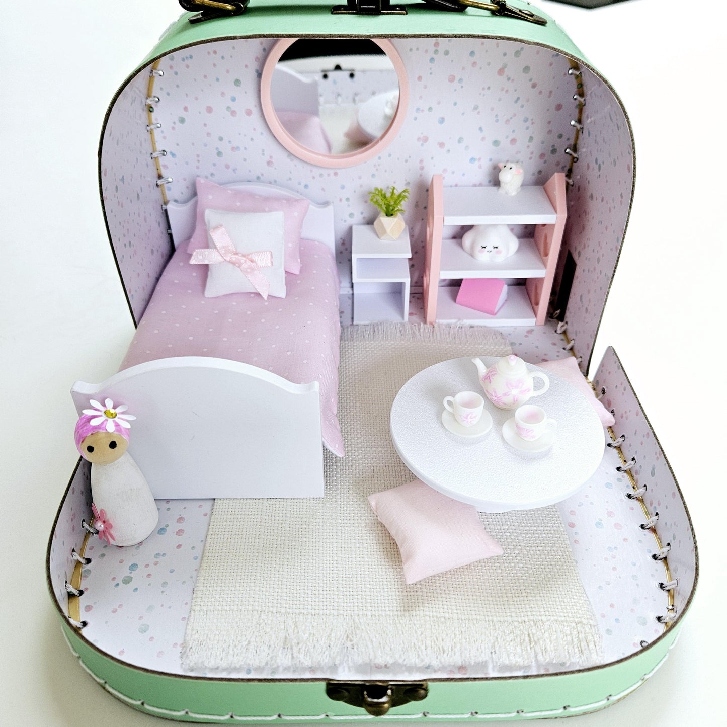 Dolls House in a Small Travel Suitcase, Pretty pink polka dot design, 12th Scale, Miniature case
