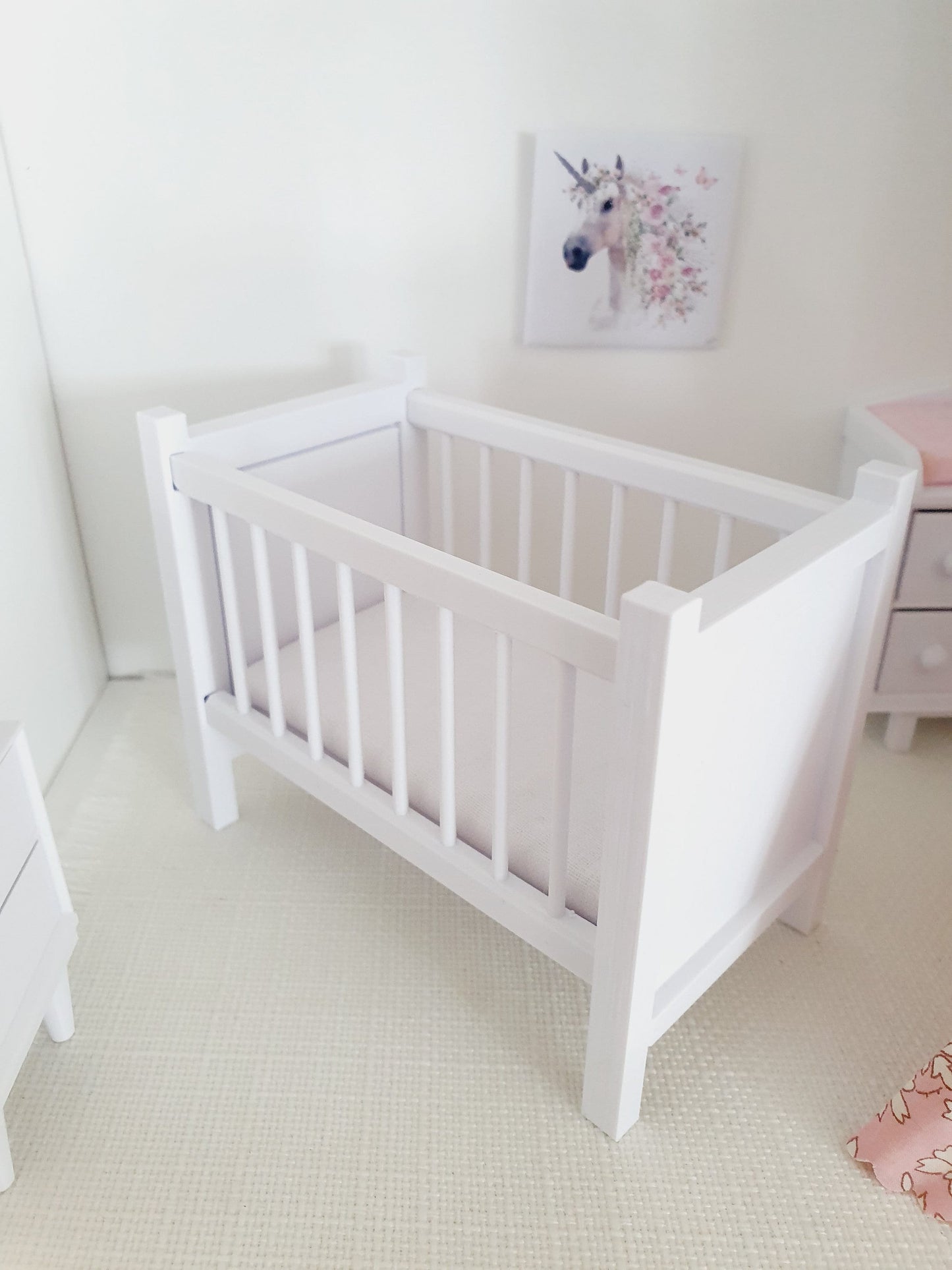 Modern Dolls House Cot with Polka Dot Mattress - Choice of Colours - 1:12 Scale