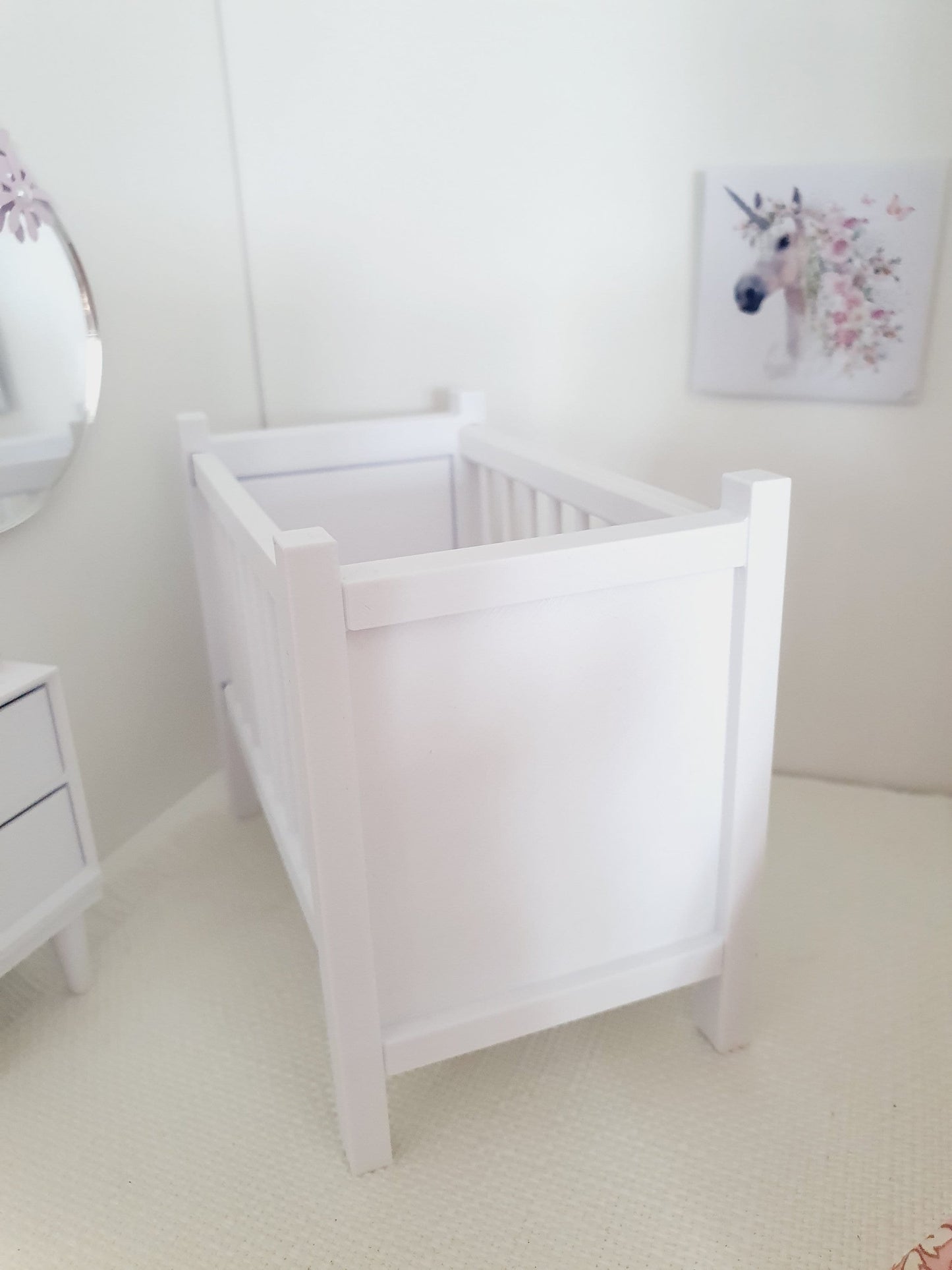 Modern Dolls House Cot with Polka Dot Mattress - Choice of Colours - 1:12 Scale