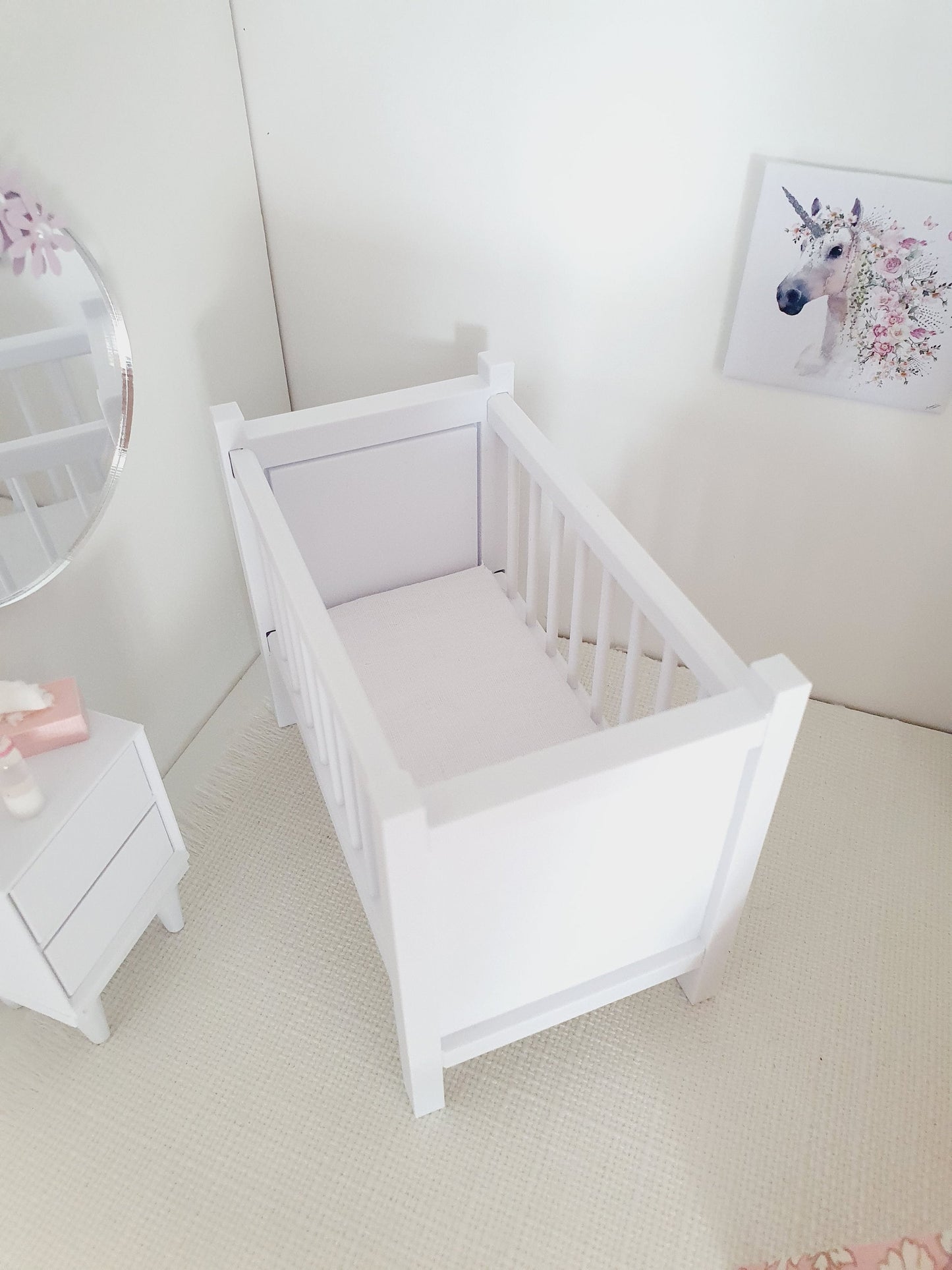 Modern Dolls House Cot with Polka Dot Mattress - Choice of Colours - 1:12 Scale