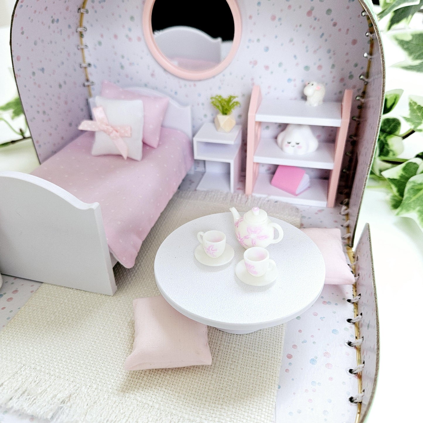 Dolls House in a Small Travel Suitcase, Pretty pink polka dot design, 12th Scale, Miniature case