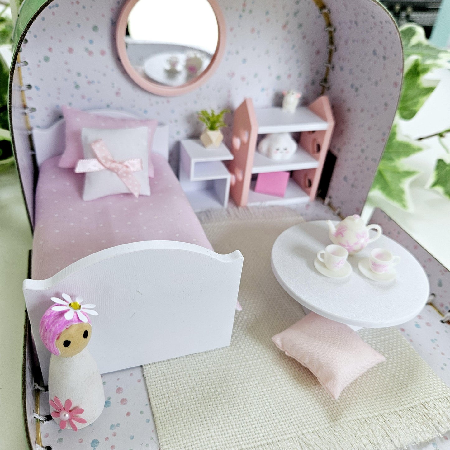 Dolls House in a Small Travel Suitcase, Pretty pink polka dot design, 12th Scale, Miniature case