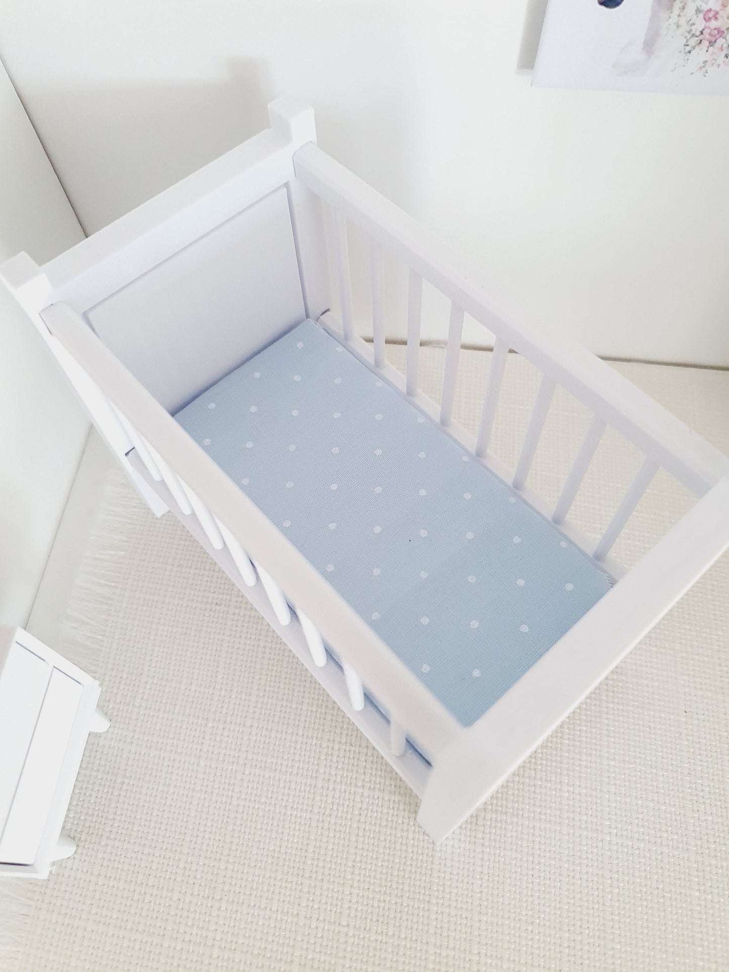 Modern Dolls House Cot with Polka Dot Mattress - Choice of Colours - 1:12 Scale