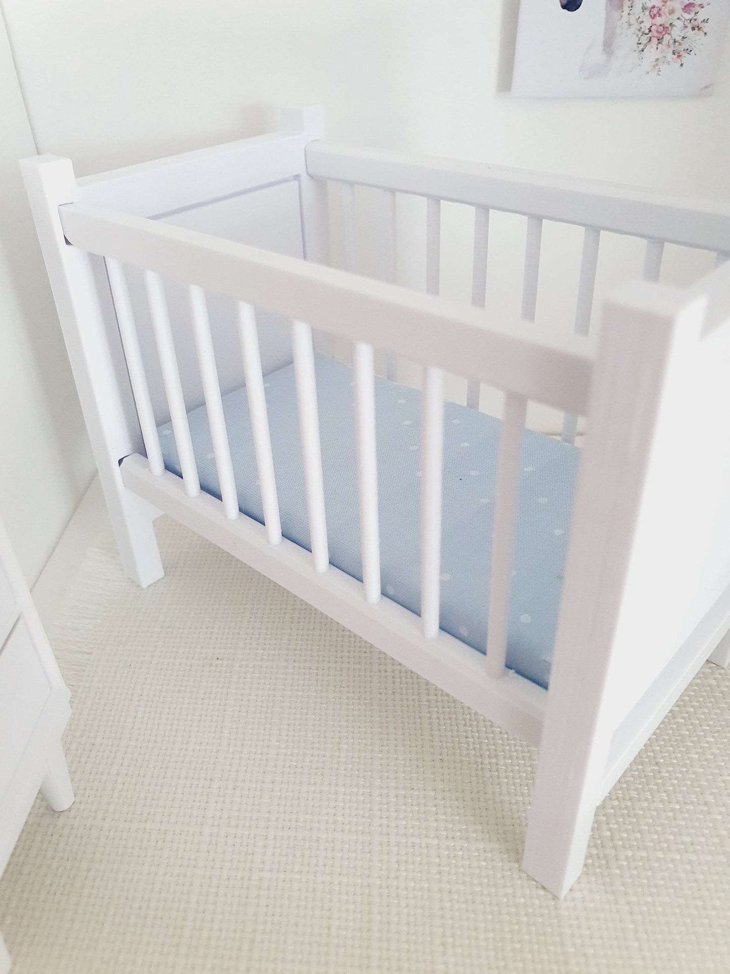 Modern Dolls House Cot with Polka Dot Mattress - Choice of Colours - 1:12 Scale