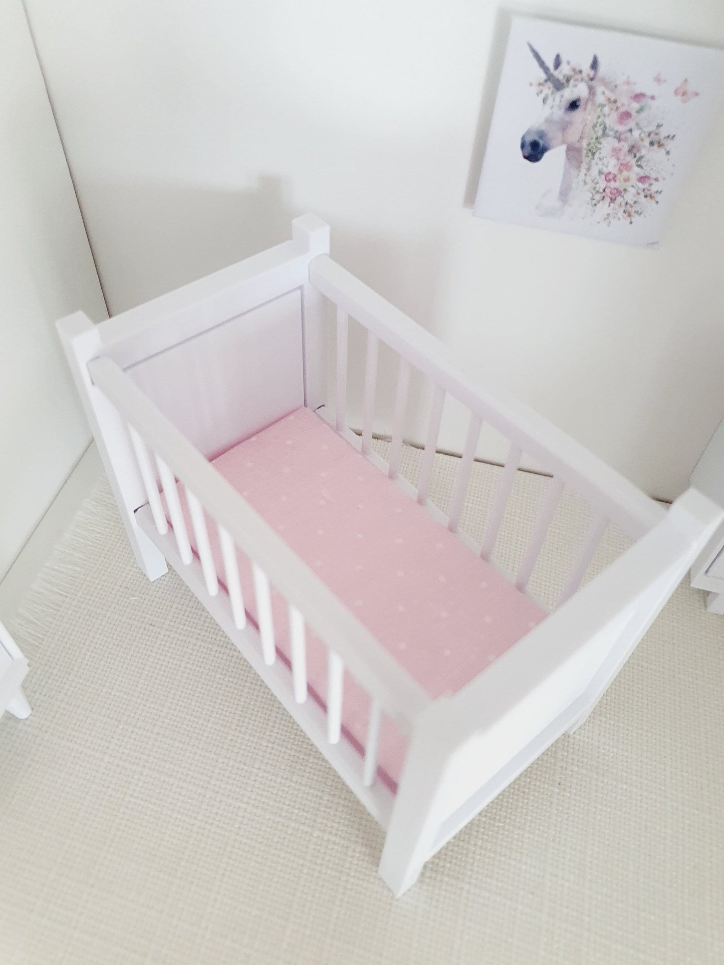 Modern Dolls House Cot with Polka Dot Mattress - Choice of Colours - 1:12 Scale