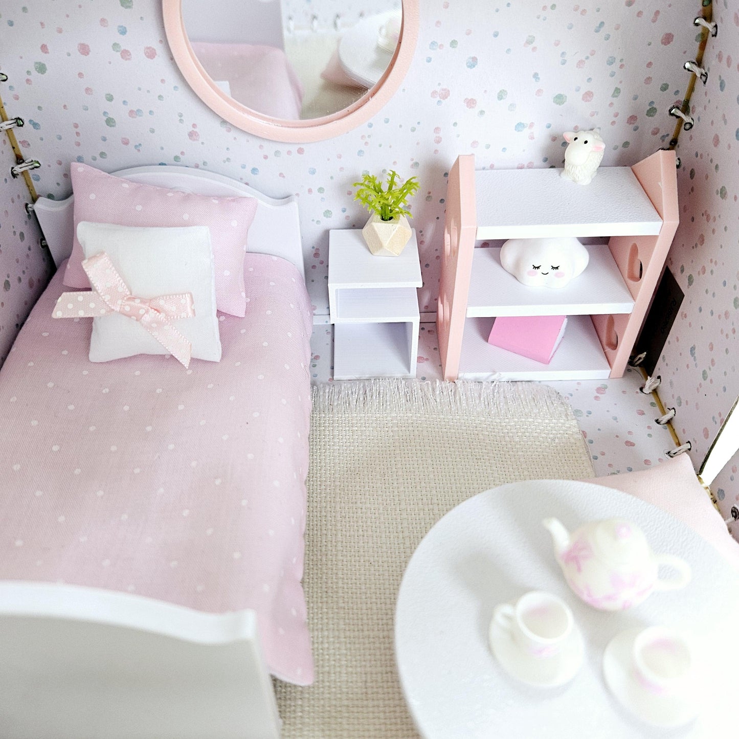 Dolls House in a Small Travel Suitcase, Pretty pink polka dot design, 12th Scale, Miniature case