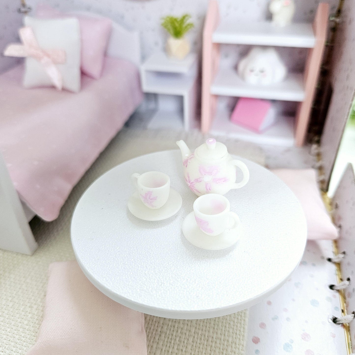 Dolls House in a Small Travel Suitcase, Pretty pink polka dot design, 12th Scale, Miniature case