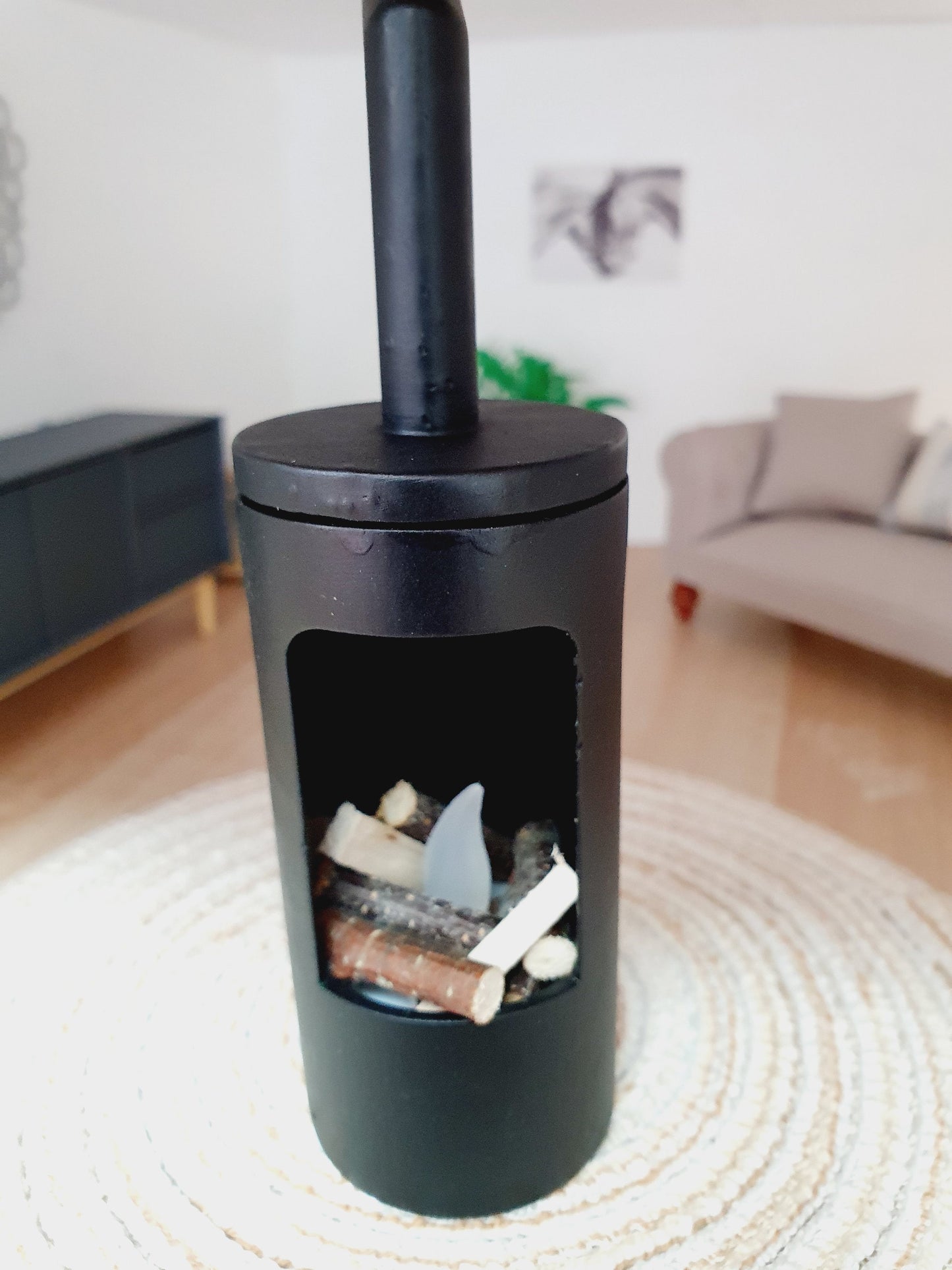 Dolls House Black Modern Round Log Fire with Light Up Flame and Wood, 1:12th Scale, Miniature Fire (FIRE2)