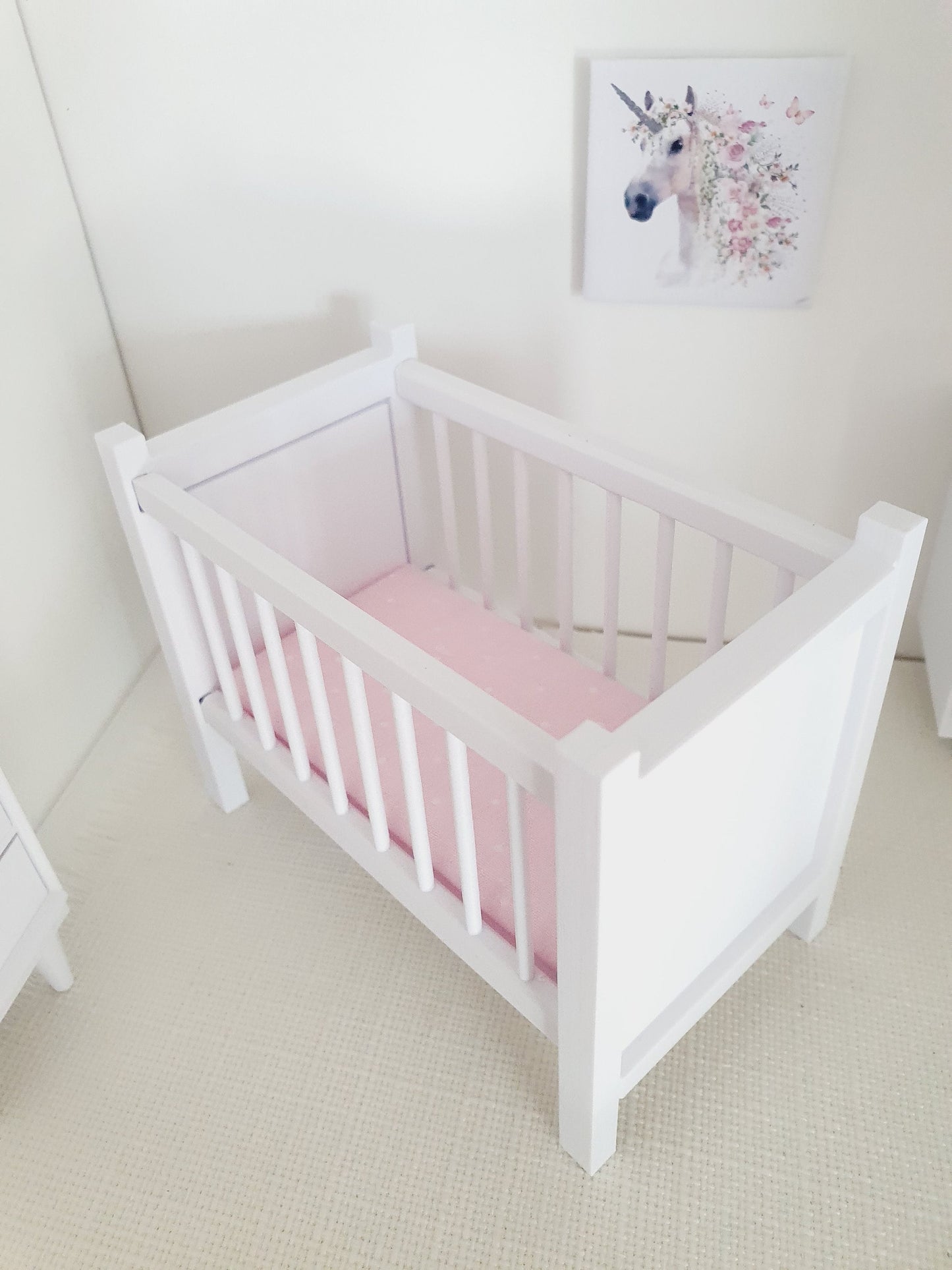 Modern Dolls House Cot with Polka Dot Mattress - Choice of Colours - 1:12 Scale