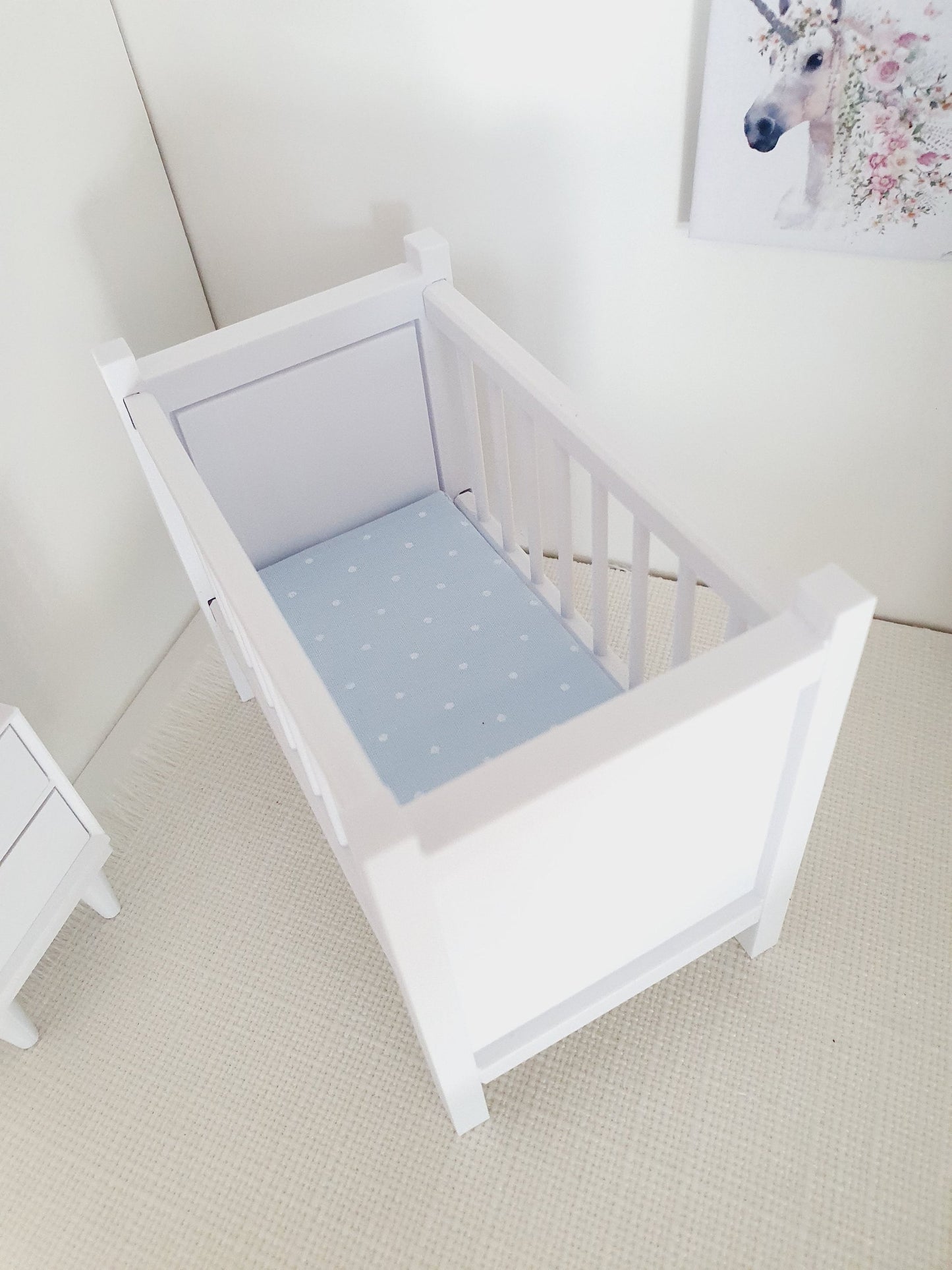 Modern Dolls House Cot with Polka Dot Mattress - Choice of Colours - 1:12 Scale
