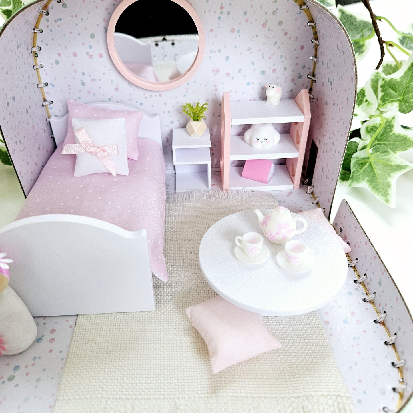 Dolls House in a Small Travel Suitcase, Pretty pink polka dot design, 12th Scale, Miniature case