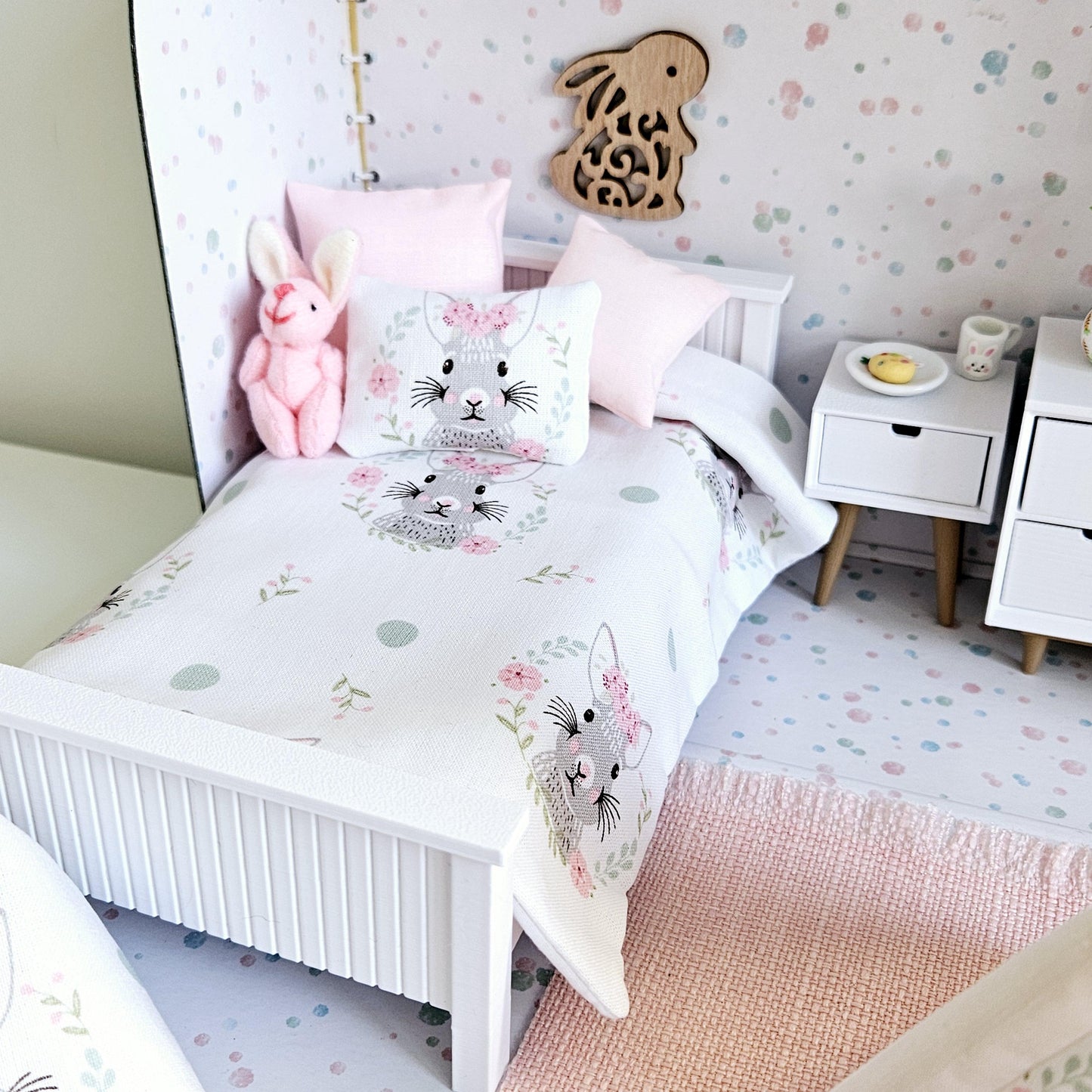 Dolls House Easter Bunny Travel Suitcase, Pretty Rabbit Bedroom Design, 12th Scale, Miniature case
