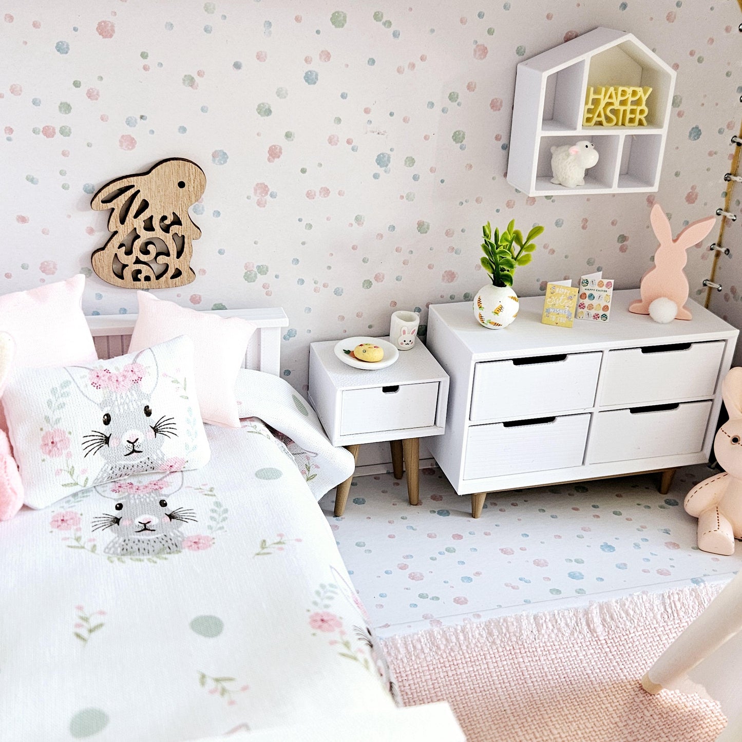 Dolls House Easter Bunny Travel Suitcase, Pretty Rabbit Bedroom Design, 12th Scale, Miniature case