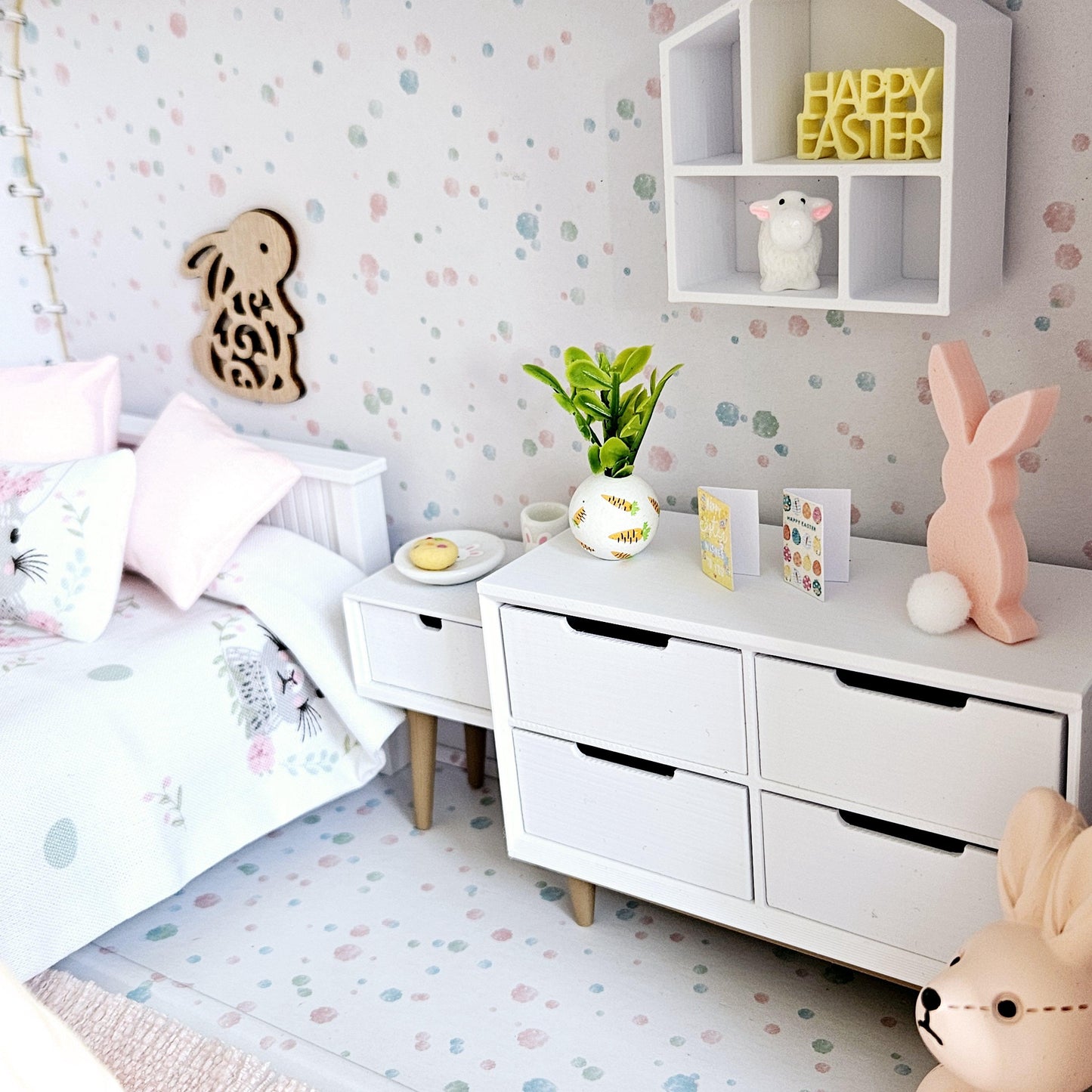 Dolls House Easter Bunny Travel Suitcase, Pretty Rabbit Bedroom Design, 12th Scale, Miniature case