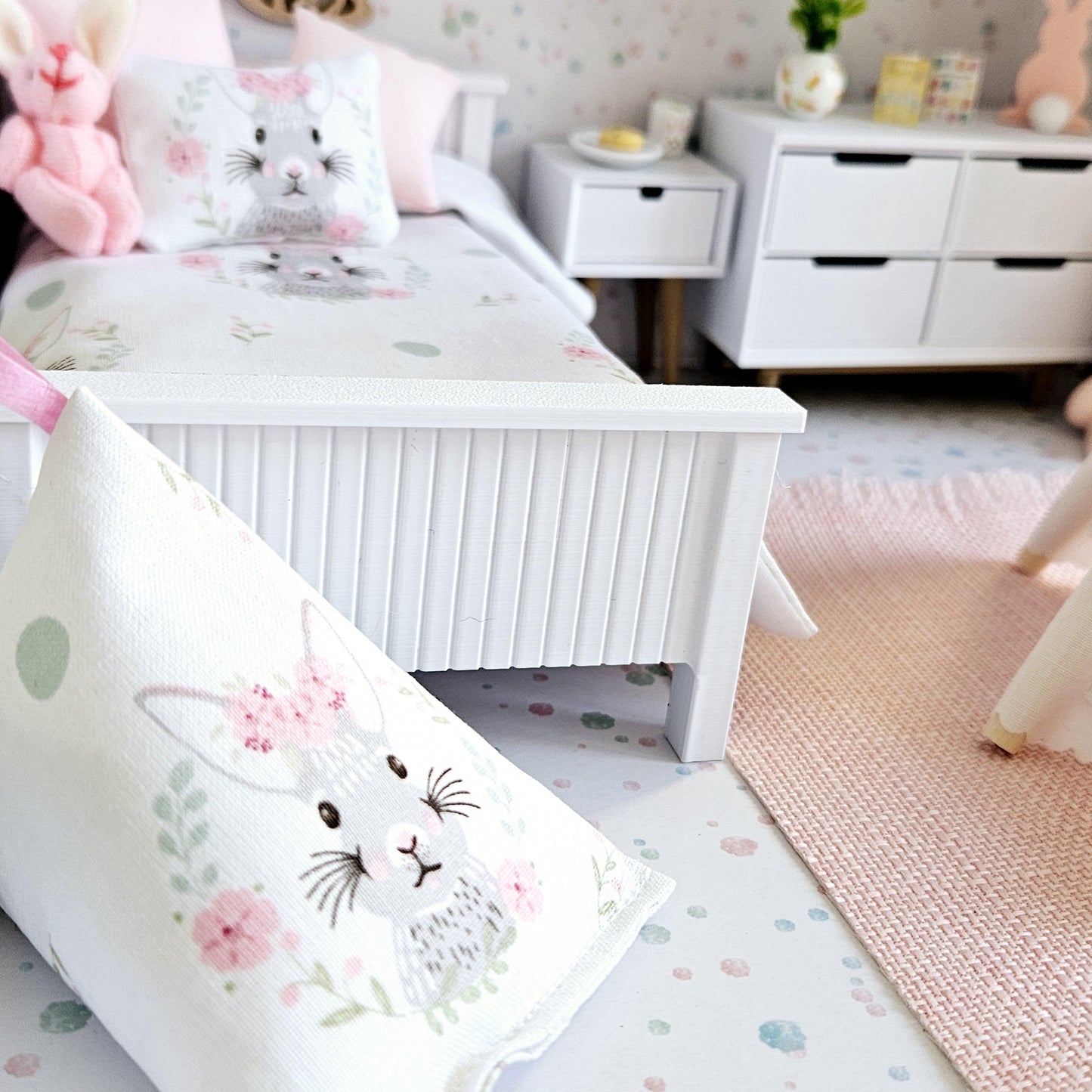 Dolls House Easter Bunny Travel Suitcase, Pretty Rabbit Bedroom Design, 12th Scale, Miniature case