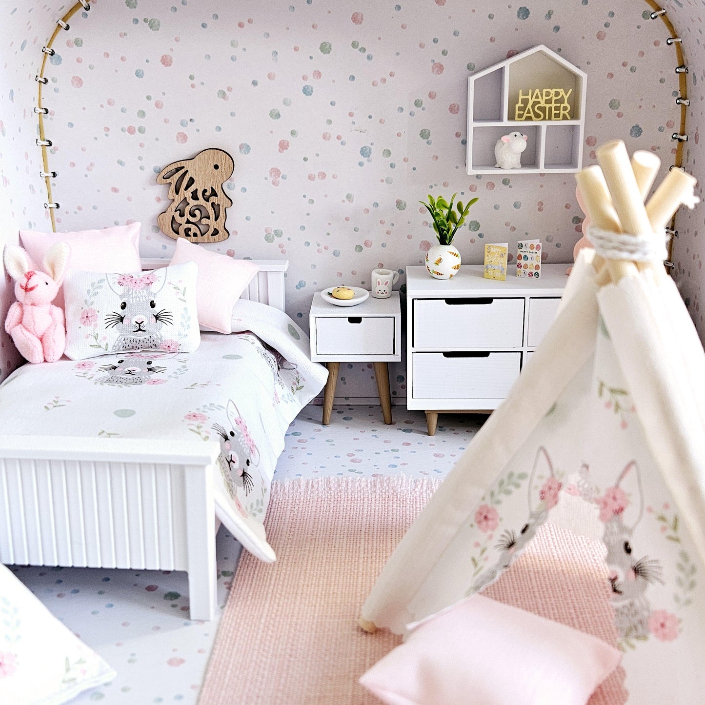 Dolls House Easter Bunny Travel Suitcase, Pretty Rabbit Bedroom Design, 12th Scale, Miniature case