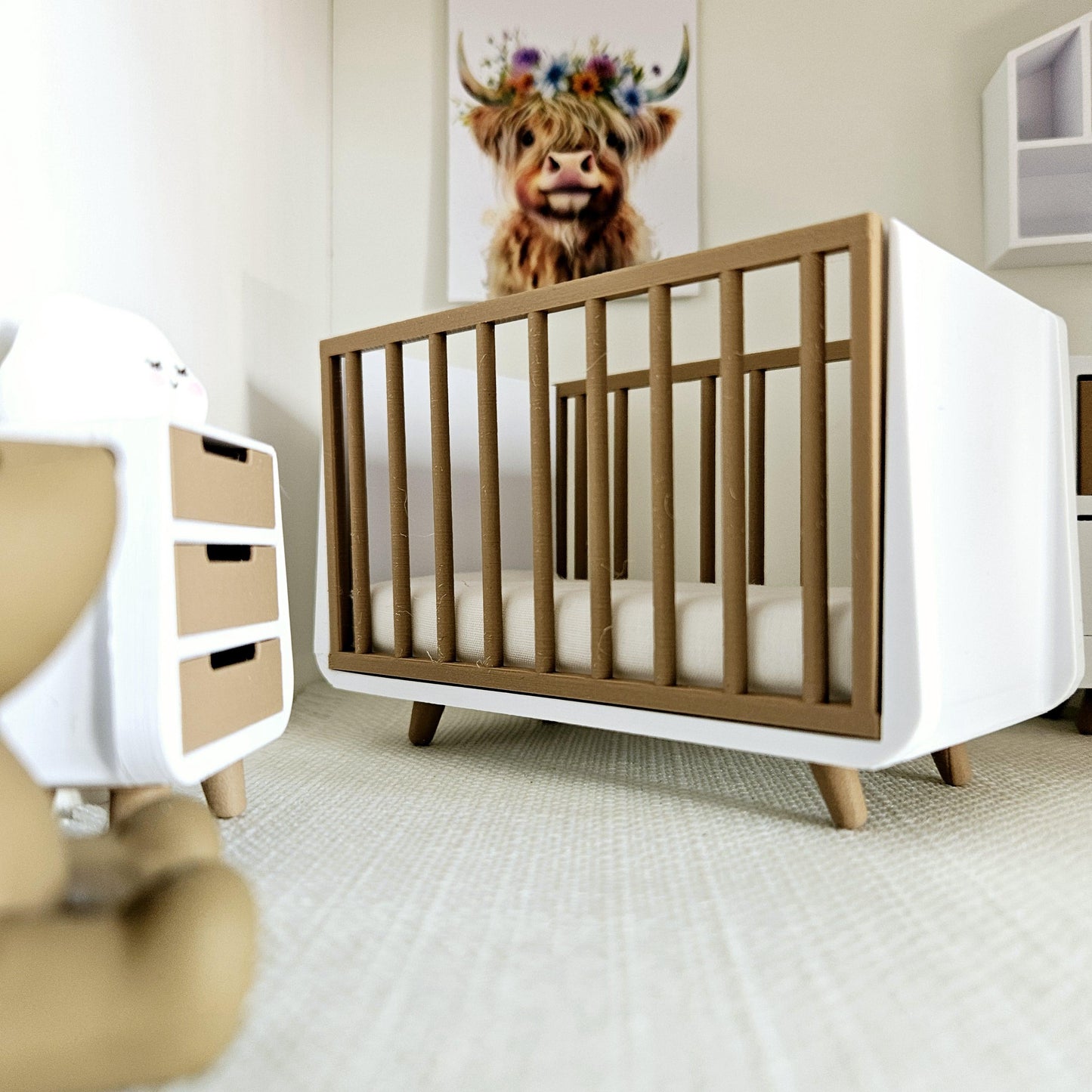 Dolls House Modern Coloured Cot with wooden effect sides, includes mattress, 1:12th Scale, Miniature Crib/ Cot (COT2)
