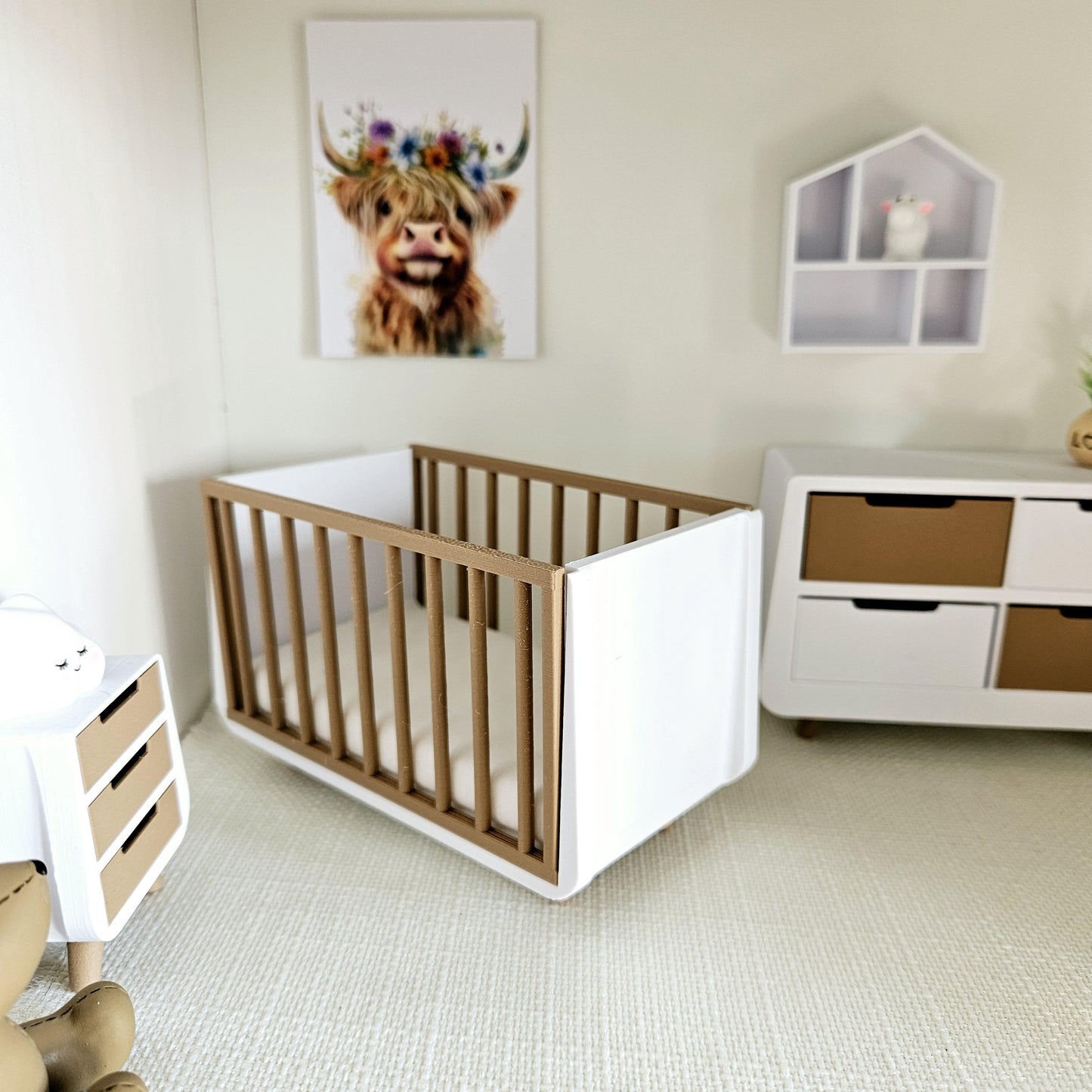 Dolls House Modern Coloured Cot with wooden effect sides, includes mattress, 1:12th Scale, Miniature Crib/ Cot (COT2)