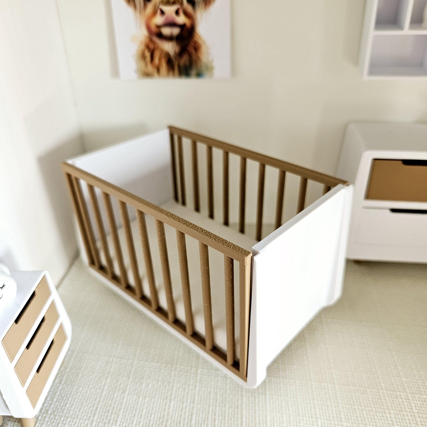 Dolls House Modern Coloured Cot with wooden effect sides, includes mattress, 1:12th Scale, Miniature Crib/ Cot (COT2)
