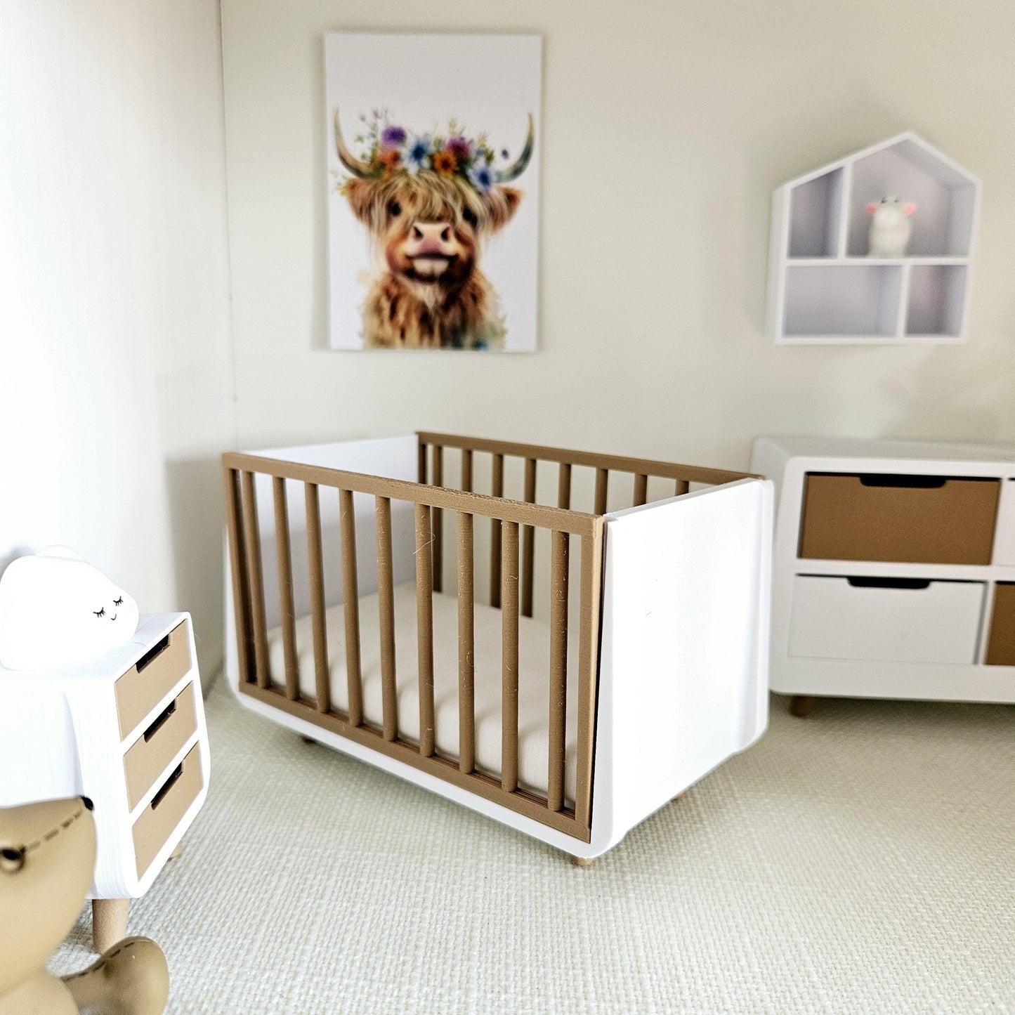 Dolls House Modern Coloured Cot with wooden effect sides, includes mattress, 1:12th Scale, Miniature Crib/ Cot (COT2)