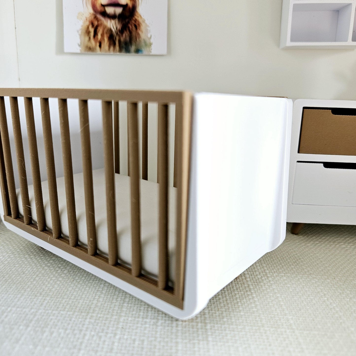Dolls House Modern Coloured Cot with wooden effect sides, includes mattress, 1:12th Scale, Miniature Crib/ Cot (COT2)