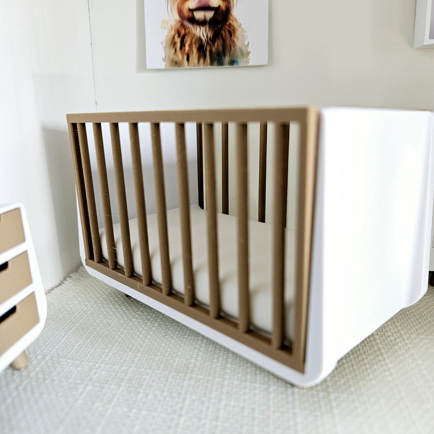 Dolls House Modern Coloured Cot with wooden effect sides, includes mattress, 1:12th Scale, Miniature Crib/ Cot (COT2)