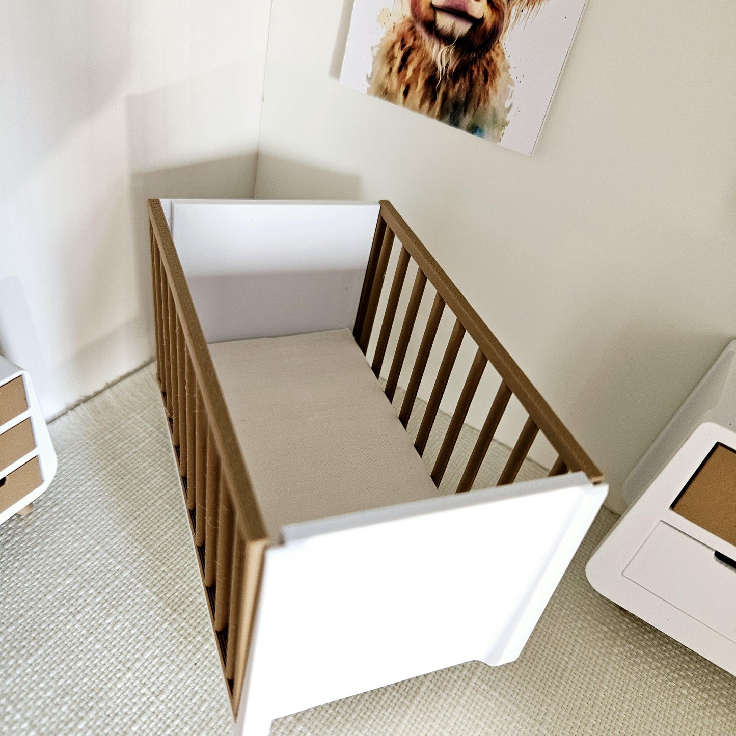 Dolls House Modern Coloured Cot with wooden effect sides, includes mattress, 1:12th Scale, Miniature Crib/ Cot (COT2)