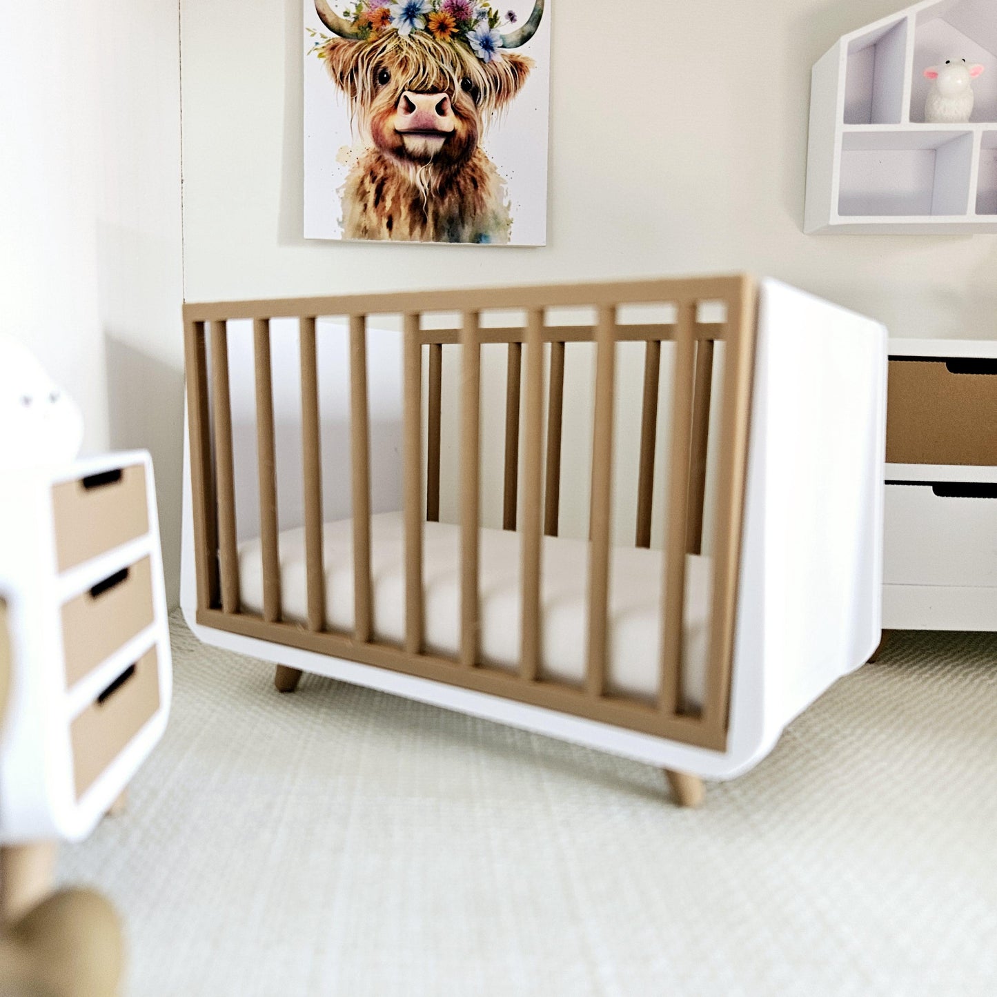 Dolls House Modern Coloured Cot with wooden effect sides, includes mattress, 1:12th Scale, Miniature Crib/ Cot (COT2)