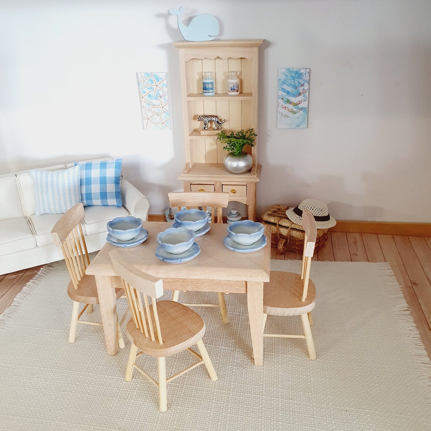 Dolls House Wooden Dresser & Table and 4 Chairs Set, Miniature Furniture, Dollhouse Accessories, Rustic Farmhouse Style (K-SET-6-DR2)
