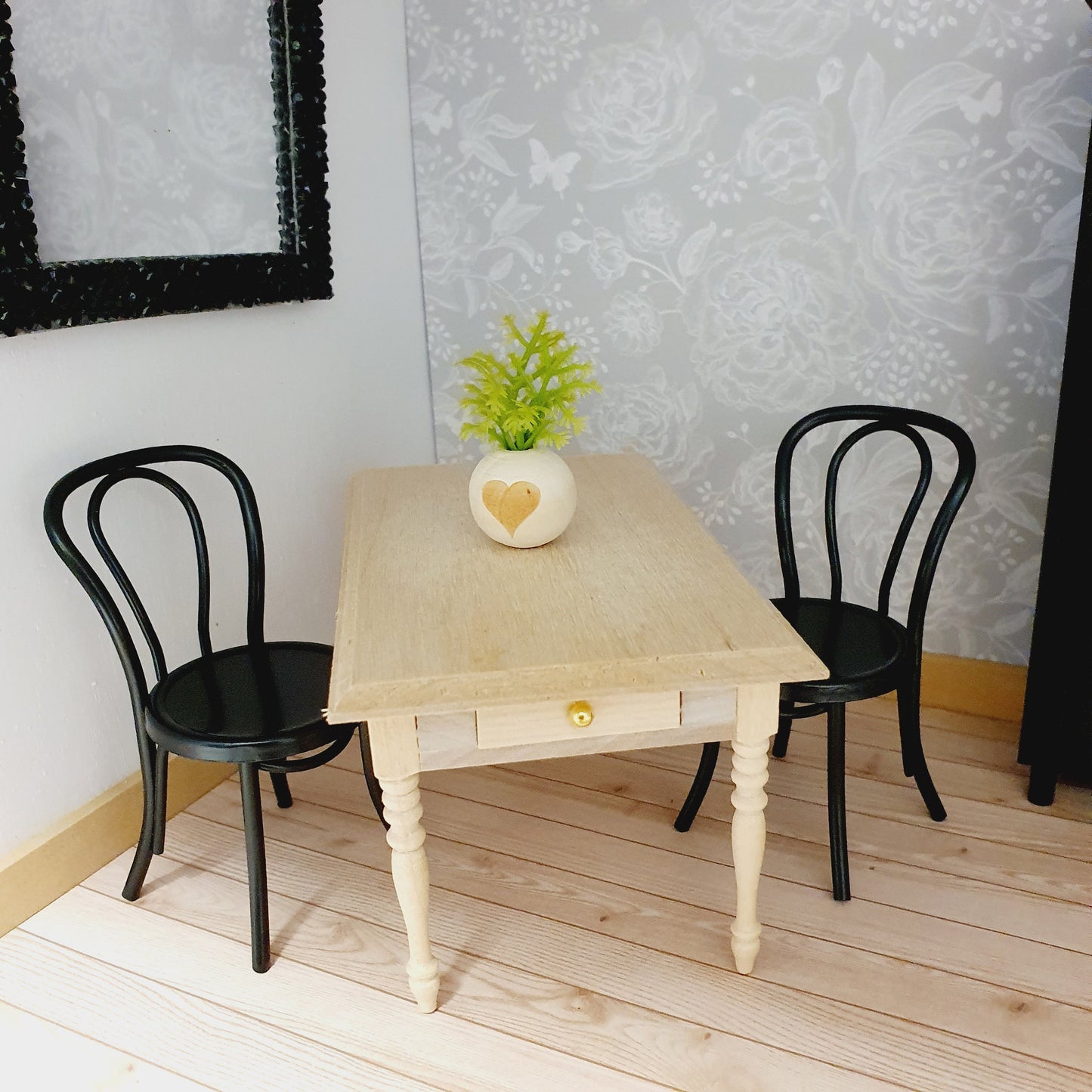 Dolls House Wooden Table with 2x drawers, Miniature Furniture, Dollhouse Accessories, Rustic Farmhouse Style (K-WTAB-1)