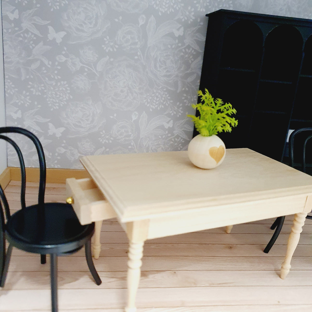 Dolls House Wooden Table with 2x drawers, Miniature Furniture, Dollhouse Accessories, Rustic Farmhouse Style (K-WTAB-1)