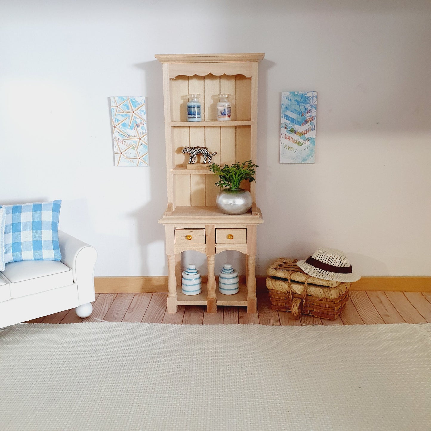 Dolls House Wooden Dresser & Table and 4 Chairs Set, Miniature Furniture, Dollhouse Accessories, Rustic Farmhouse Style (K-SET-6-DR2)