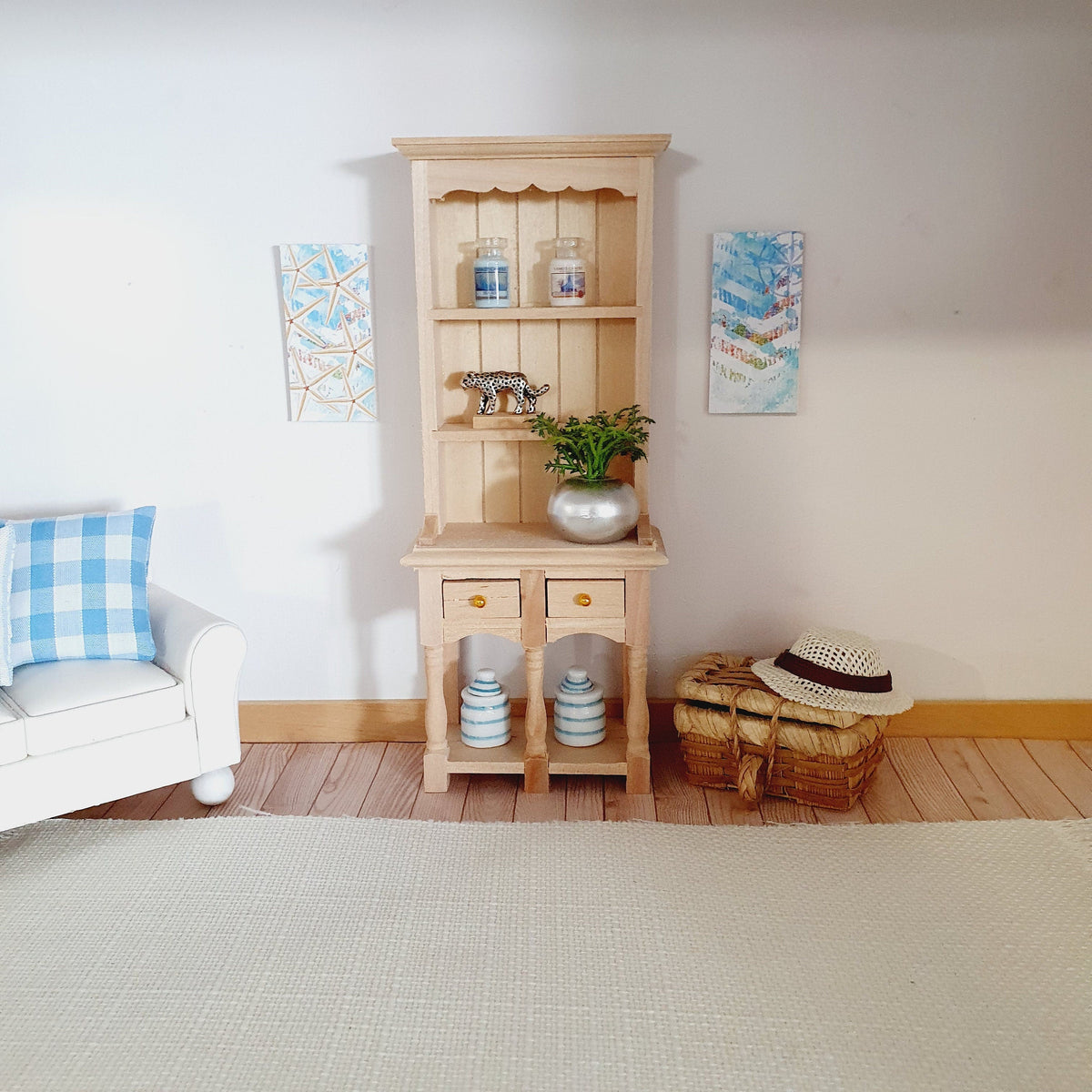 Dolls House Wooden Dresser & Table and 4 Chairs Set, Miniature Furniture, Dollhouse Accessories, Rustic Farmhouse Style (K-SET-6-DR2)