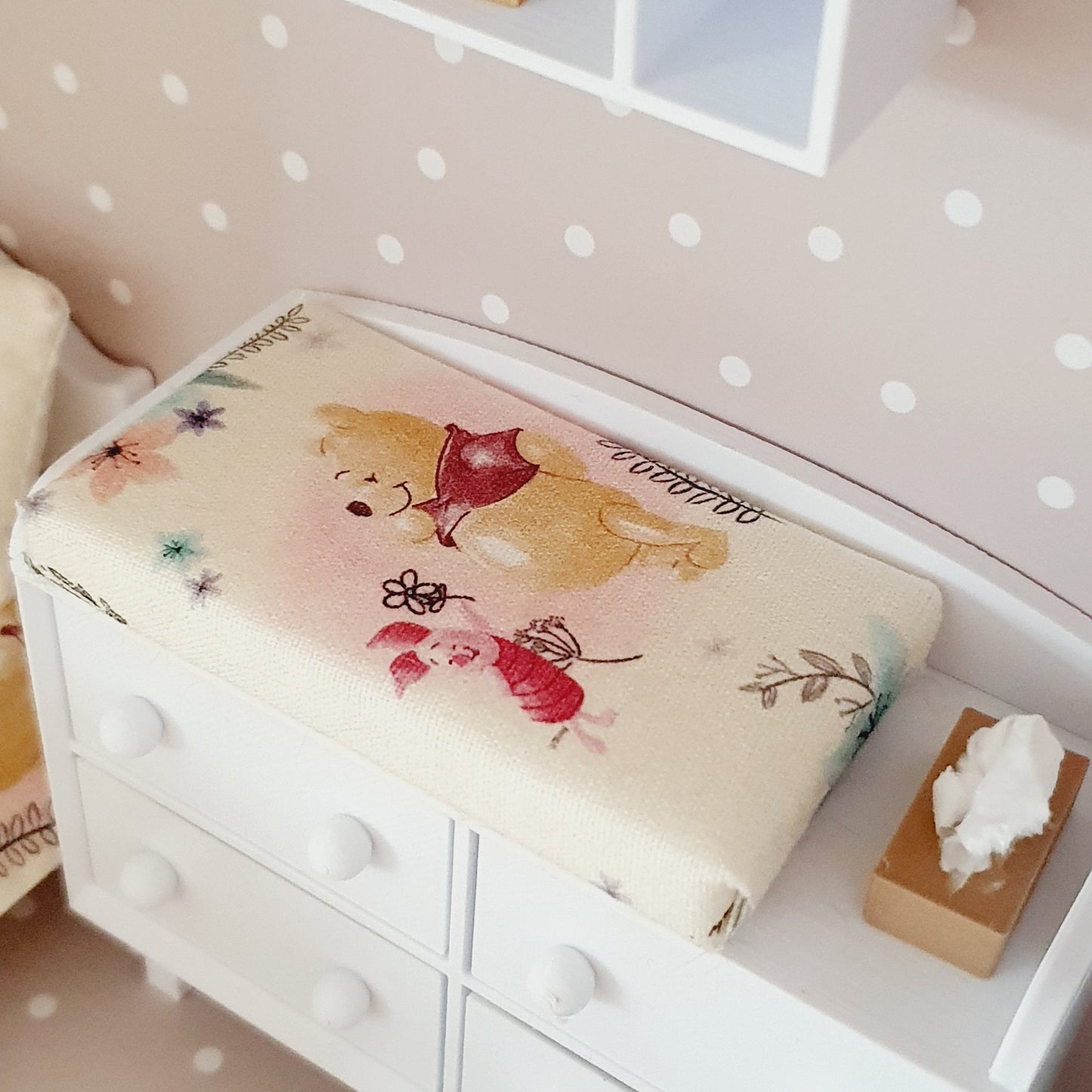 Dolls House White Modern Baby Changing Table with Winnie the Pooh changing pad, 1:12th Scale, Miniature