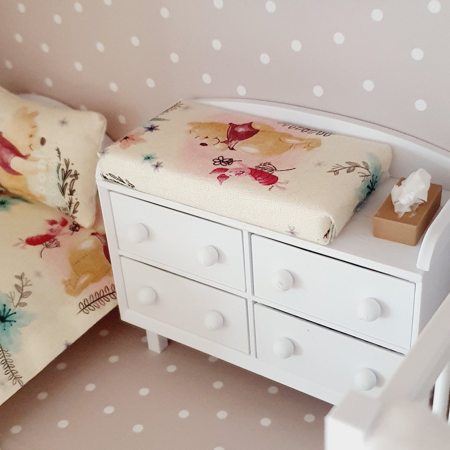 Dolls House White Modern Baby Changing Table with Winnie the Pooh changing pad, 1:12th Scale, Miniature