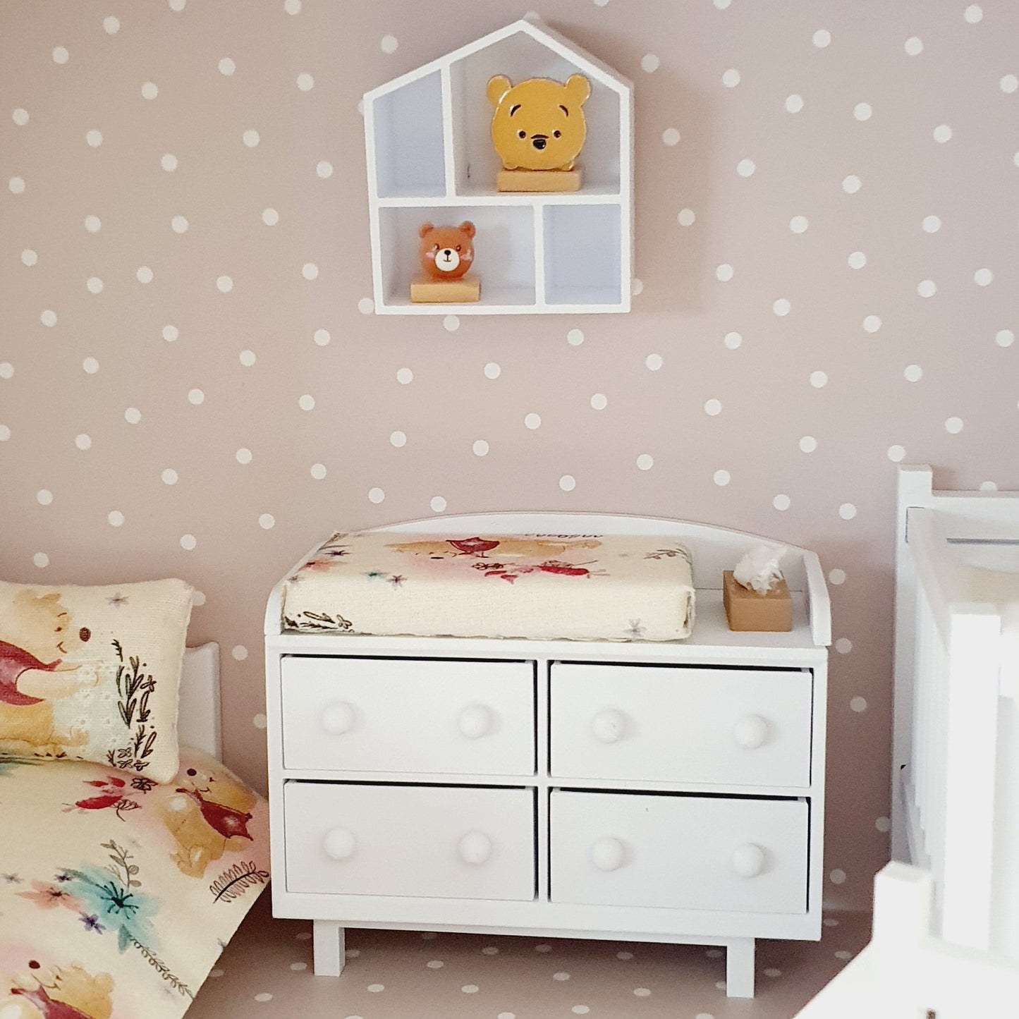 Dolls House White Modern Baby Changing Table with Winnie the Pooh changing pad, 1:12th Scale, Miniature
