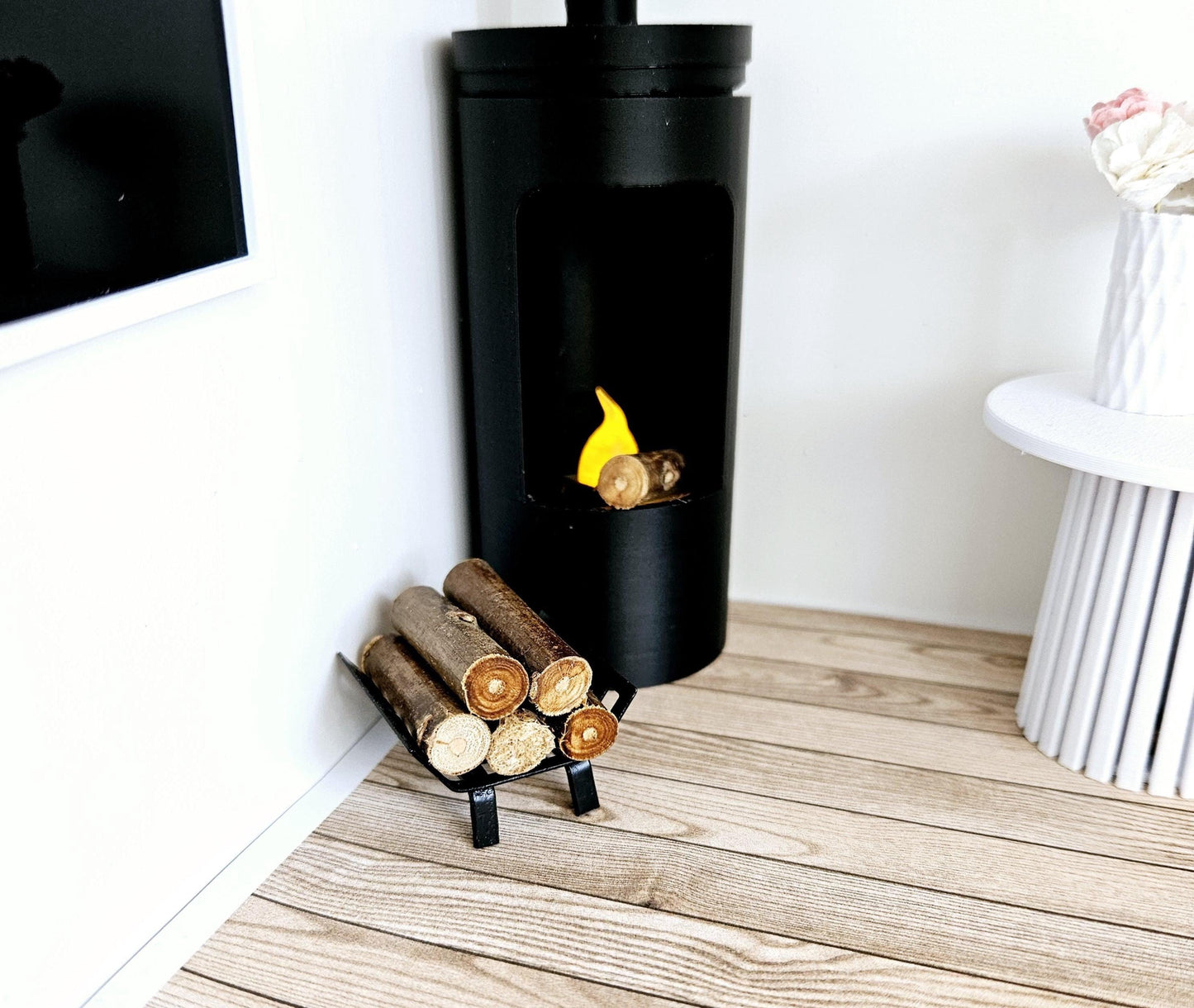 Dolls House Black Log Holder With Wood, 12th Scale, Miniature logs
