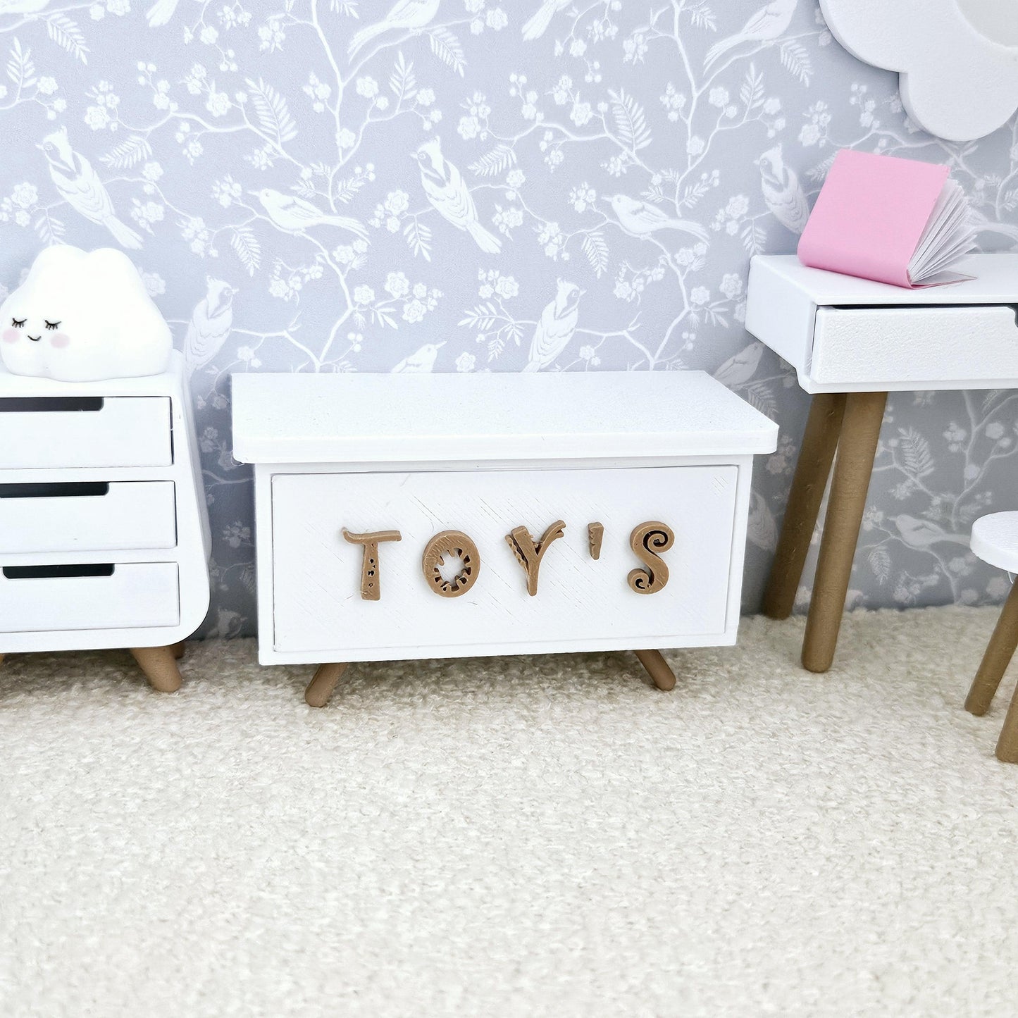 Dolls House Cute Toy Box, 12th scale storage box, miniature toys, choice of colours