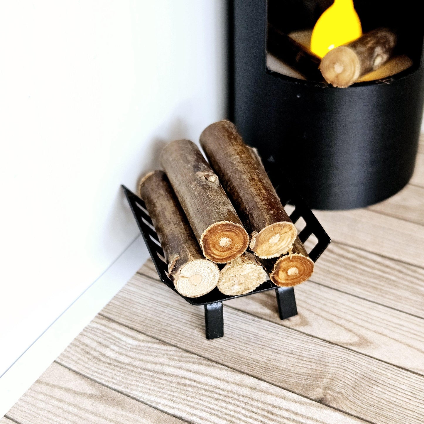 Dolls House Black Log Holder With Wood, 12th Scale, Miniature logs