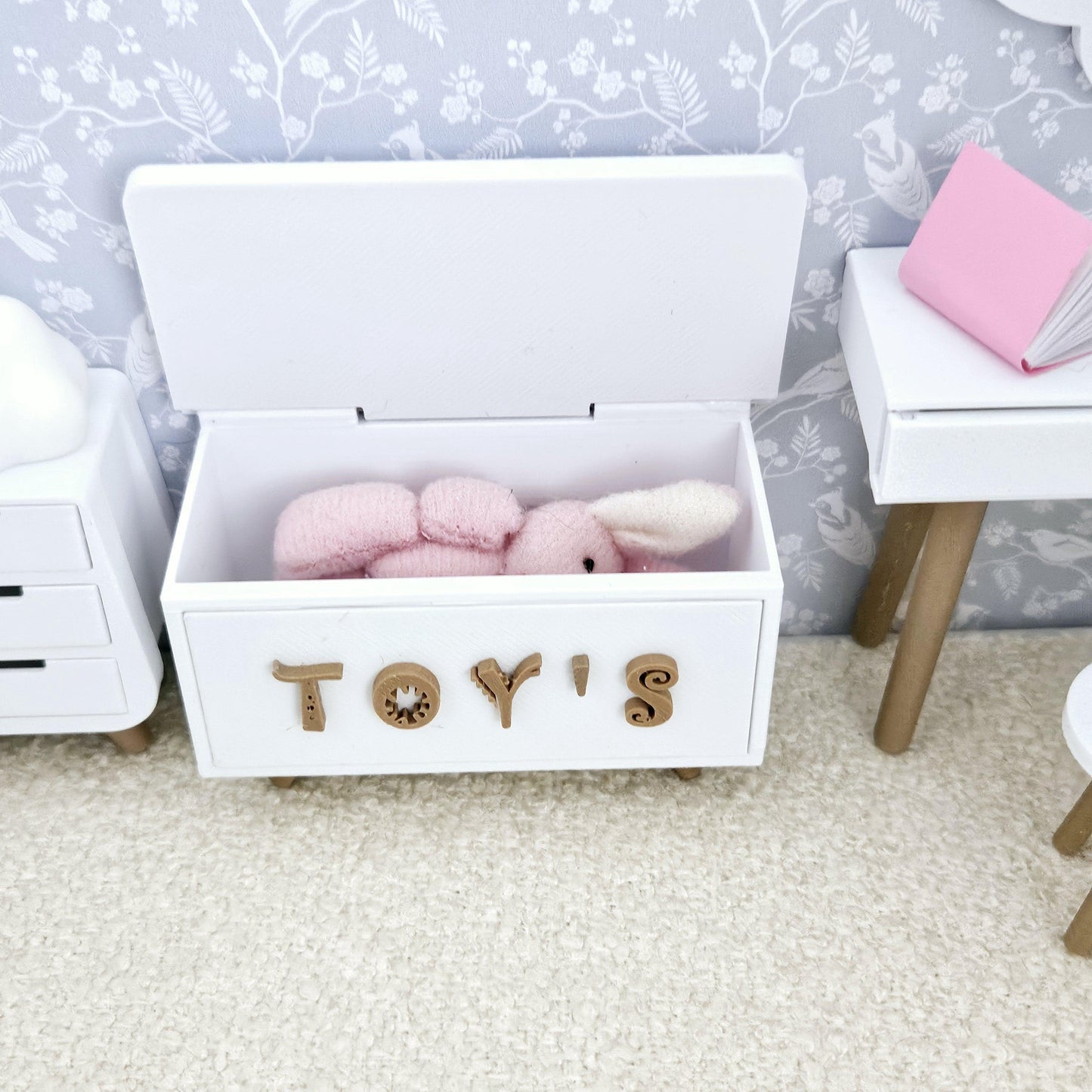 Dolls House Cute Toy Box, 12th scale storage box, miniature toys, choice of colours