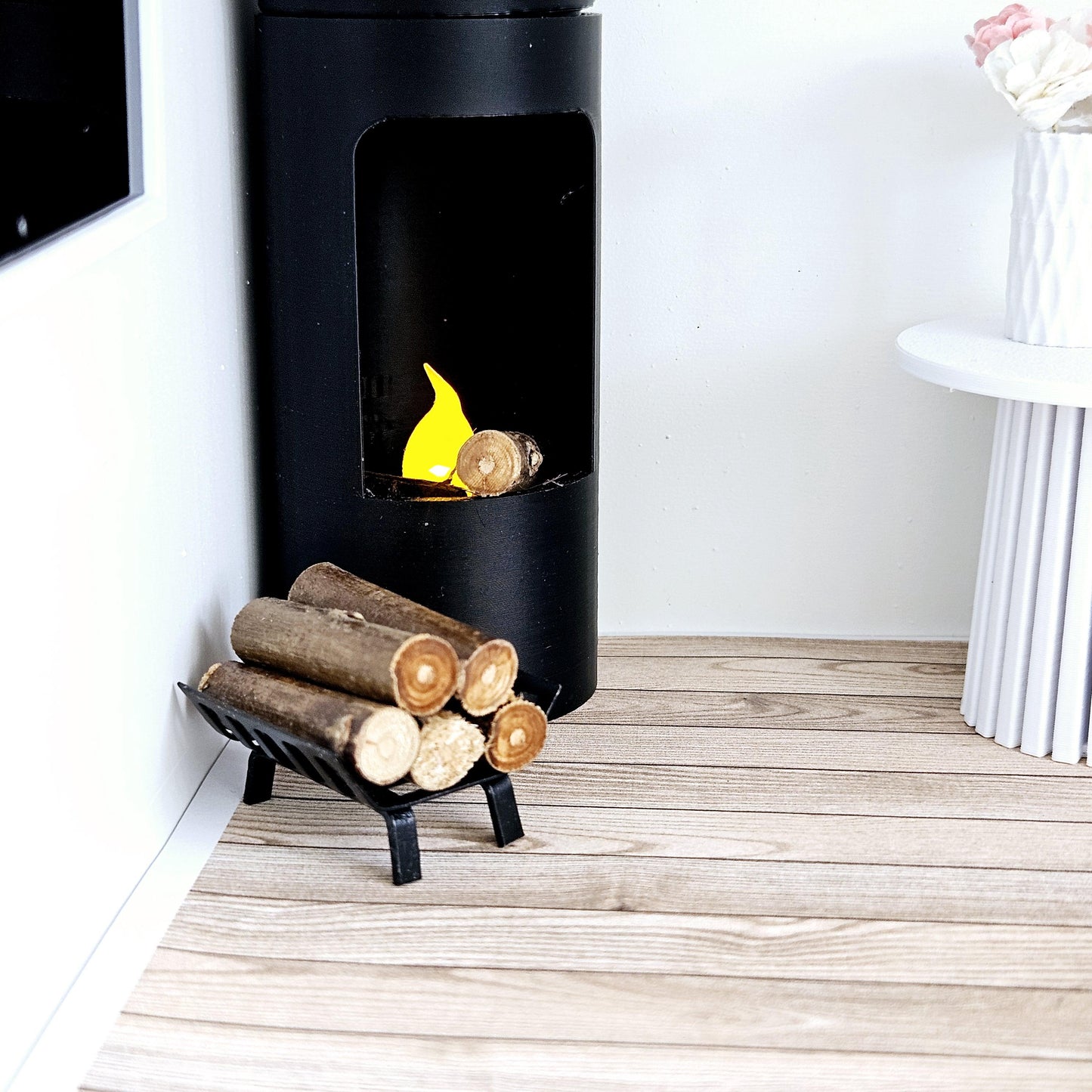 Dolls House Black Log Holder With Wood, 12th Scale, Miniature logs