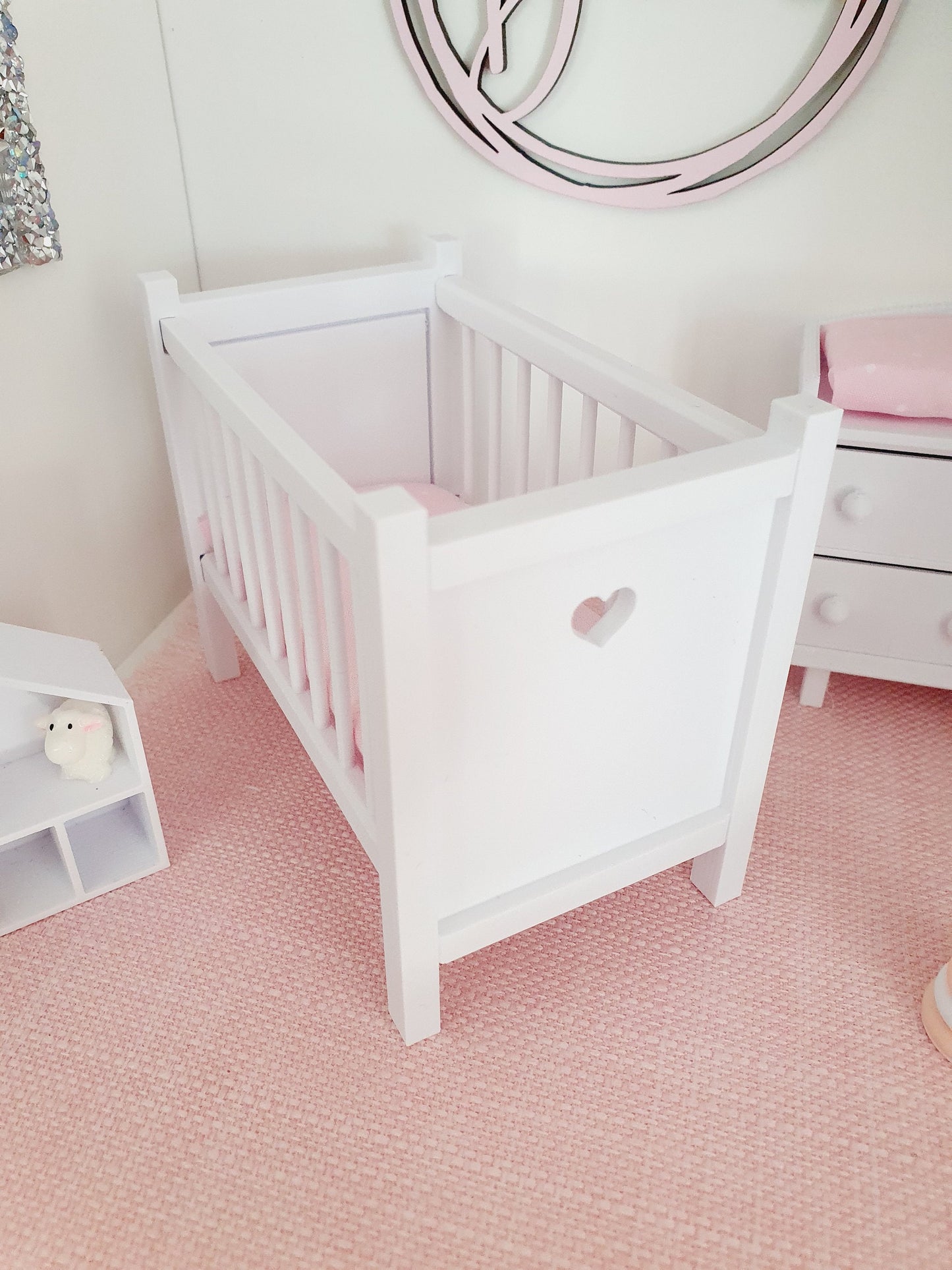 Dolls House Modern Coloured Cot with polka dot mattress, 1:12th Scale, Miniature Crib/ Cot
