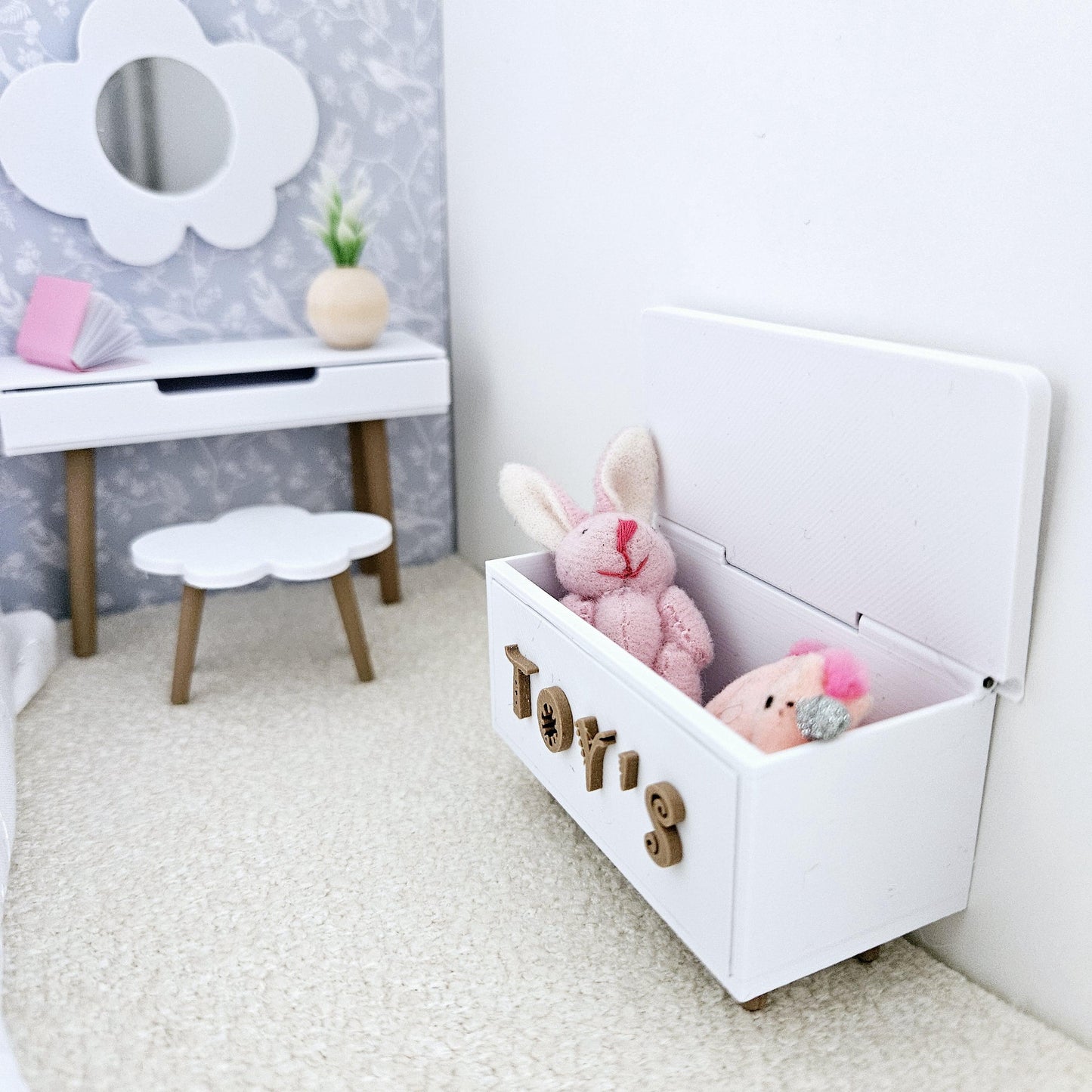 Dolls House Cute Toy Box, 12th scale storage box, miniature toys, choice of colours